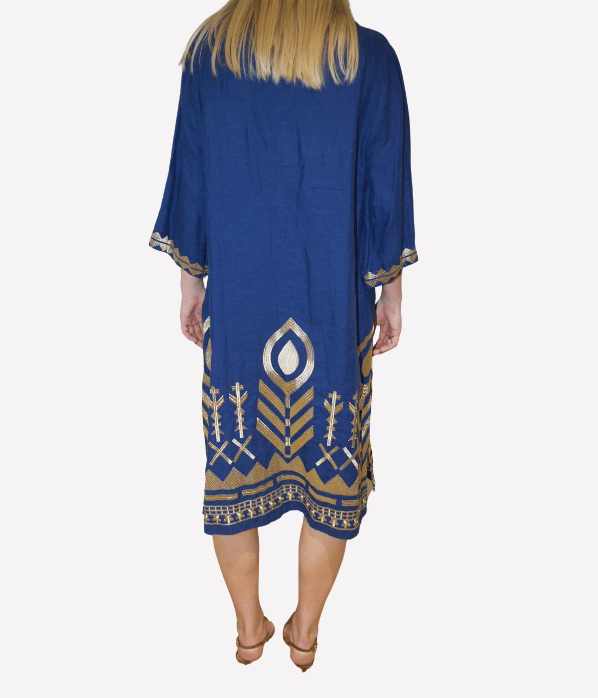 *FINAL SALE* V Neck Feather Dress in Indigo Gold