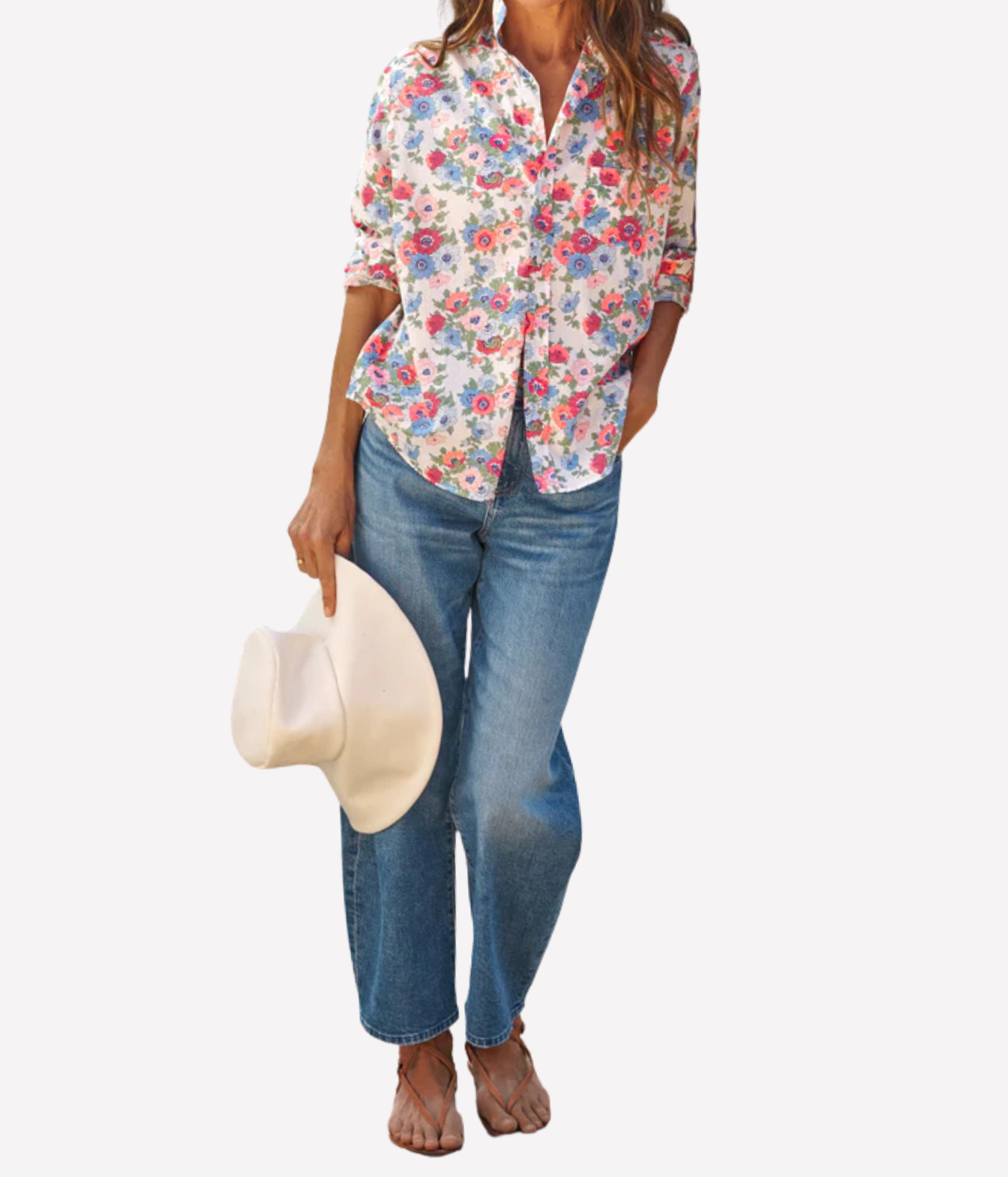 Eileen Woven Button Up Shirt In Pink Red Blue Flowers