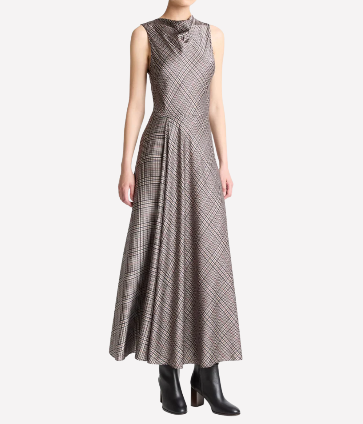 Pressed Plaid Cowl Neck Dress in Multi Plaid