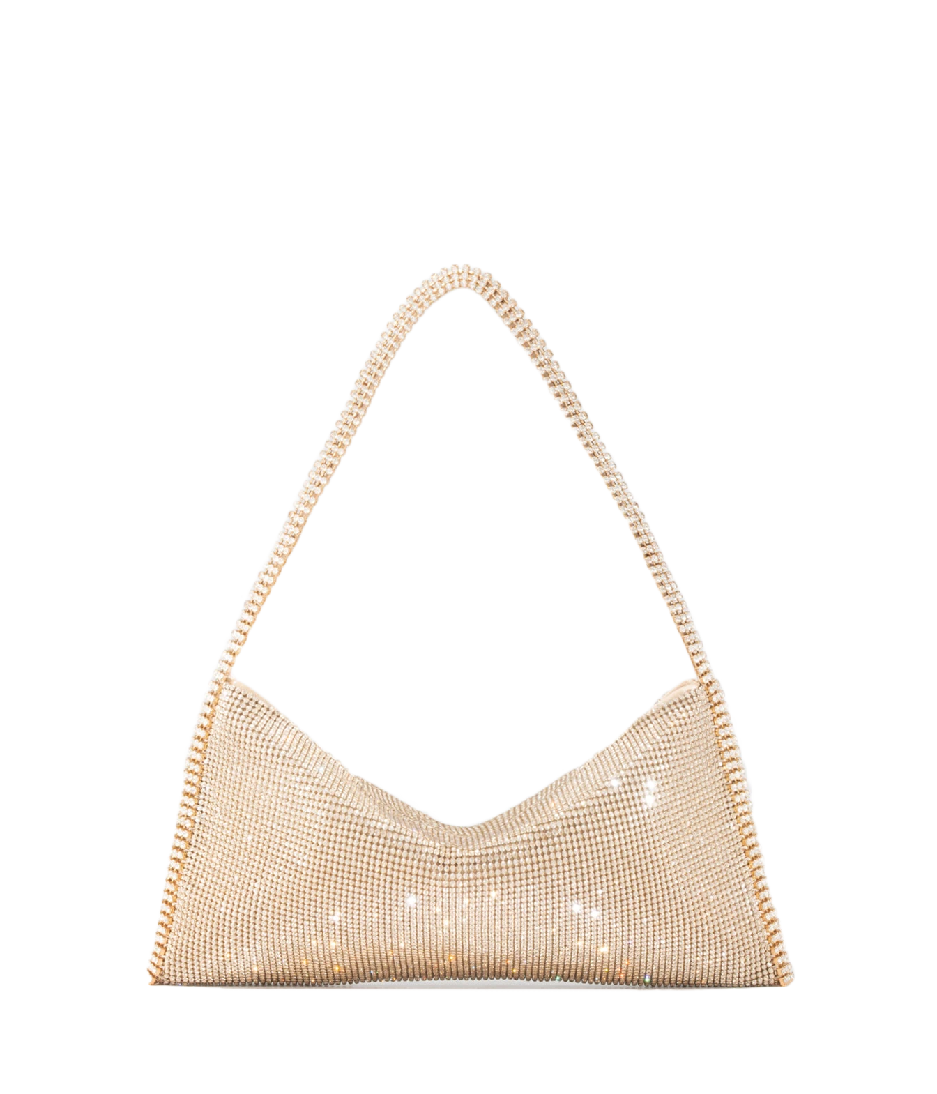A gold-toned mesh shoulder bag with a single shoulder strap, photographed against a solid white background.