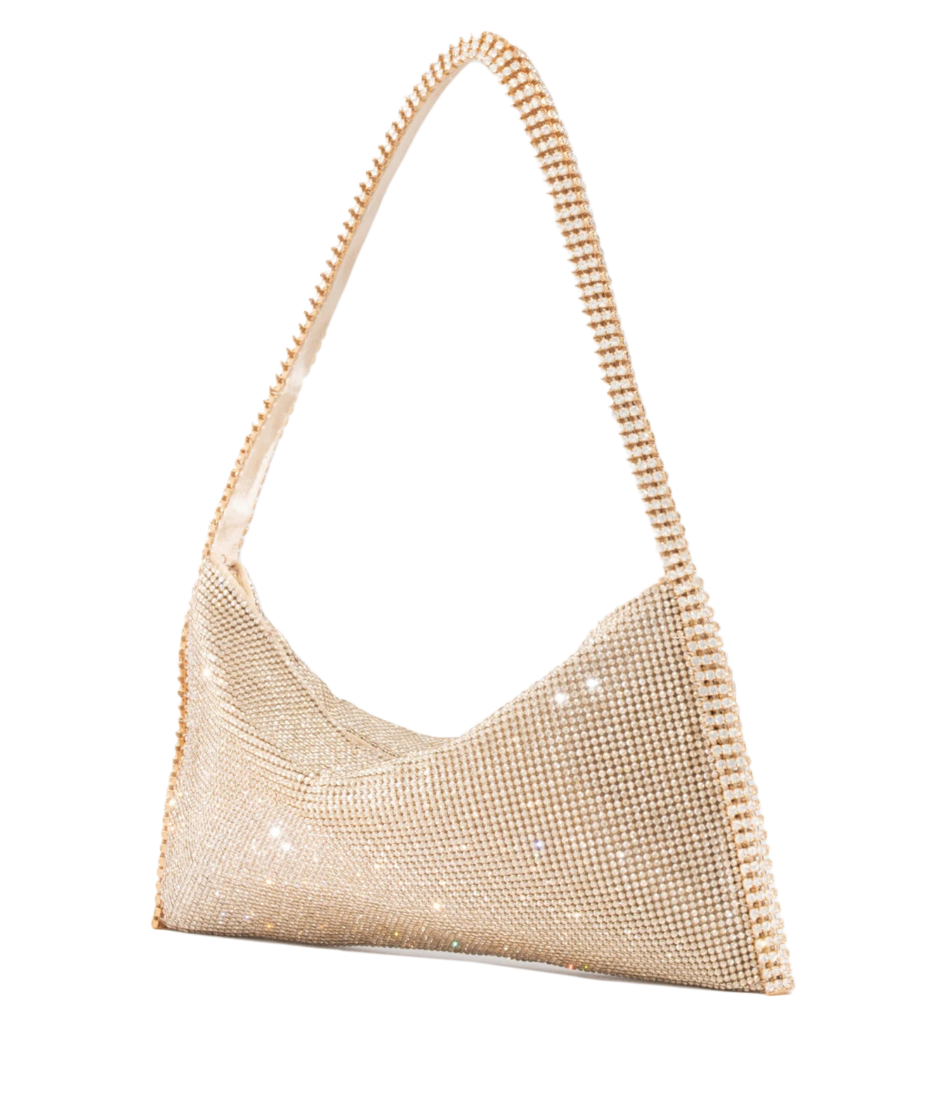 A gold rhinestone mesh shoulder bag with a curved, slouchy silhouette and a single shoulder strap, shown against a plain white background.