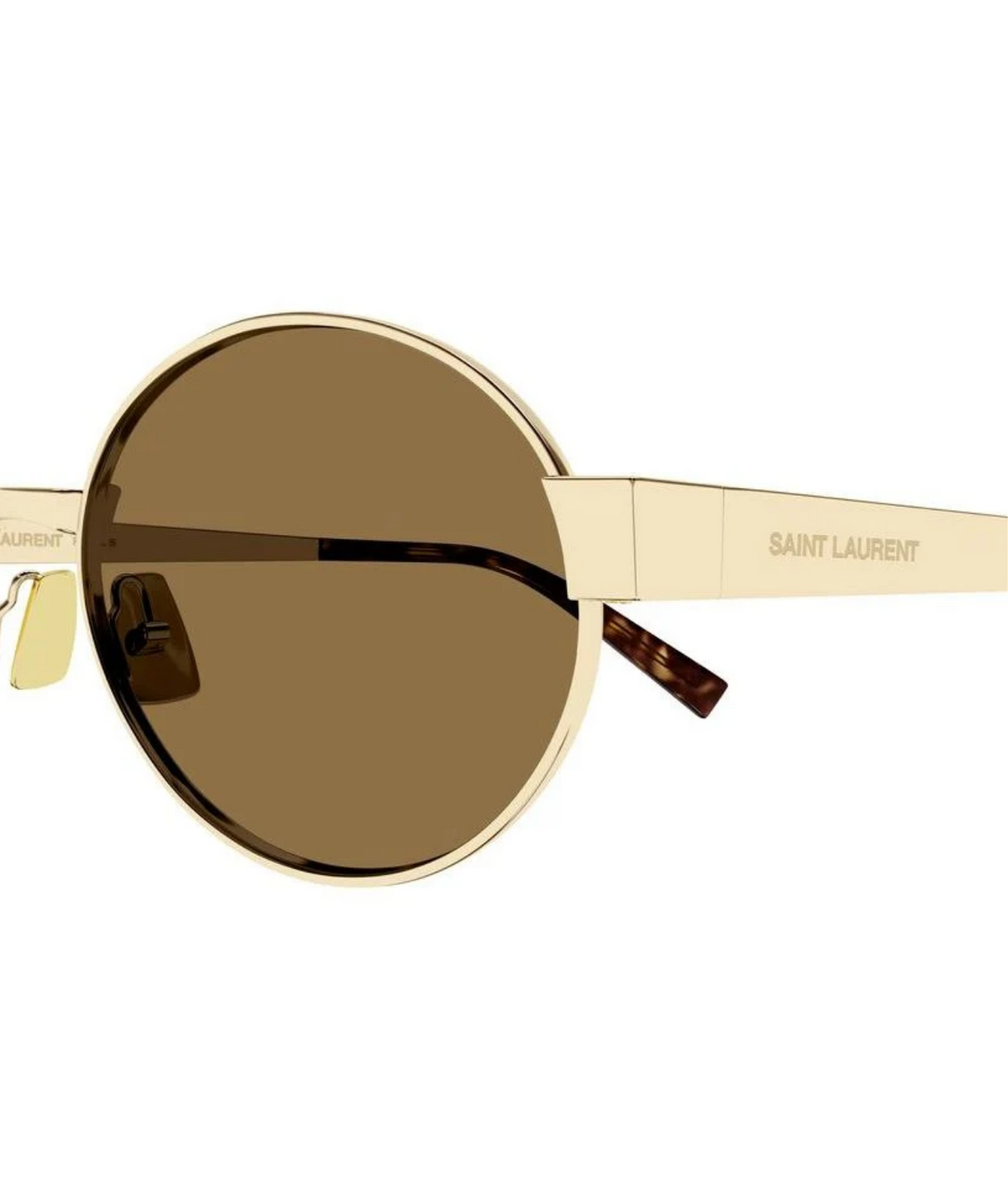 Close side view of Saint Laurent SL 692 Oval Metal Sunglasses in Gold Brown showing the oval lens and engraved temple