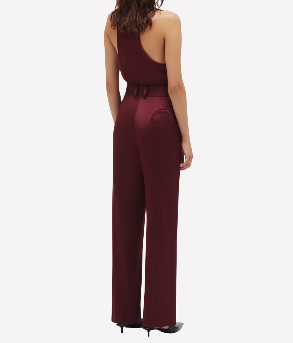 A woman shown from the back wearing a sleeveless burgundy pant and top set with a high waist, wide legs - Novalis Fox Pants Pant In Wine
