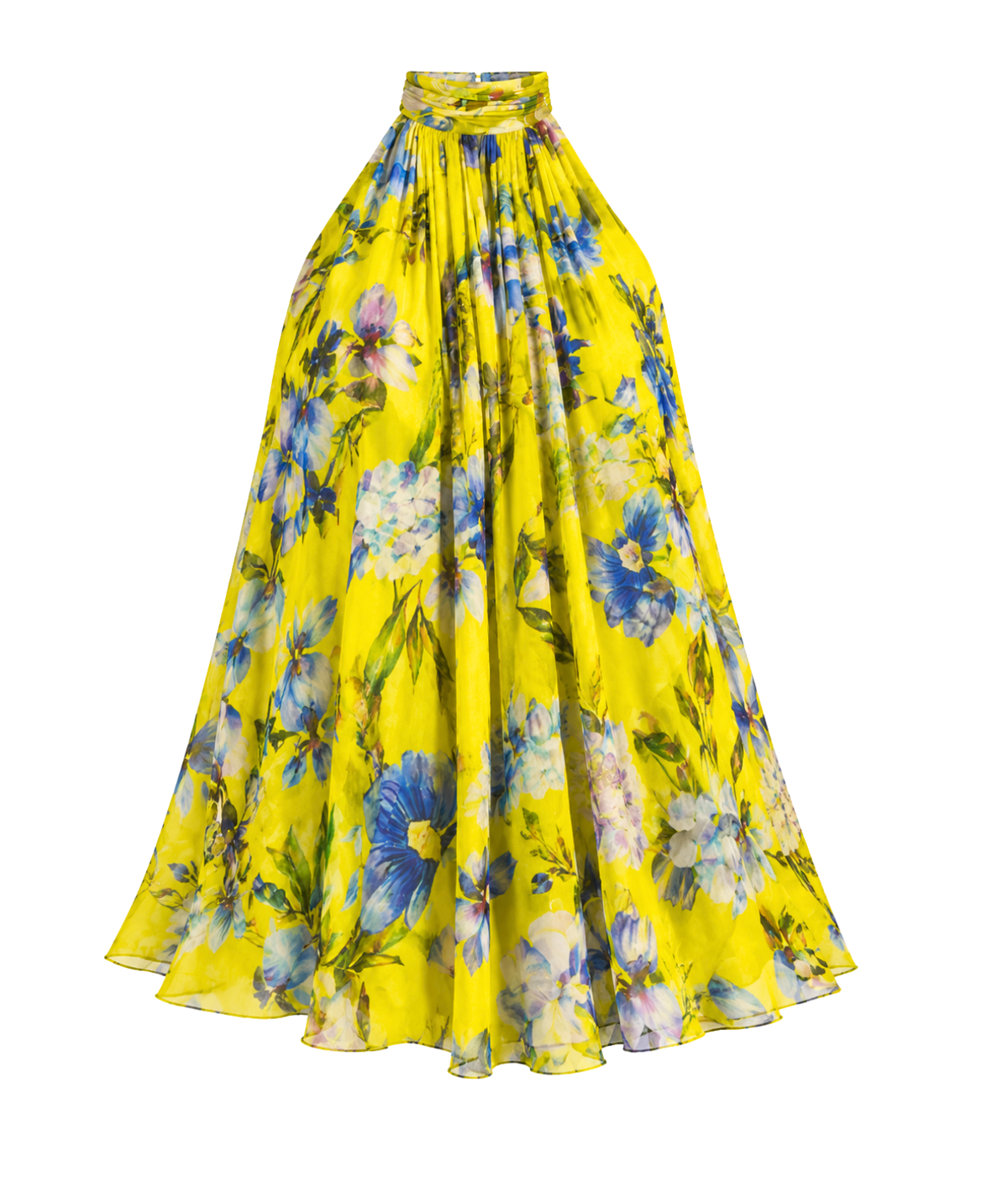 A high-waisted, pleated A-line midi skirt in bright yellow chiffon with a blue, white, and green floral print, shown against a plain white background.