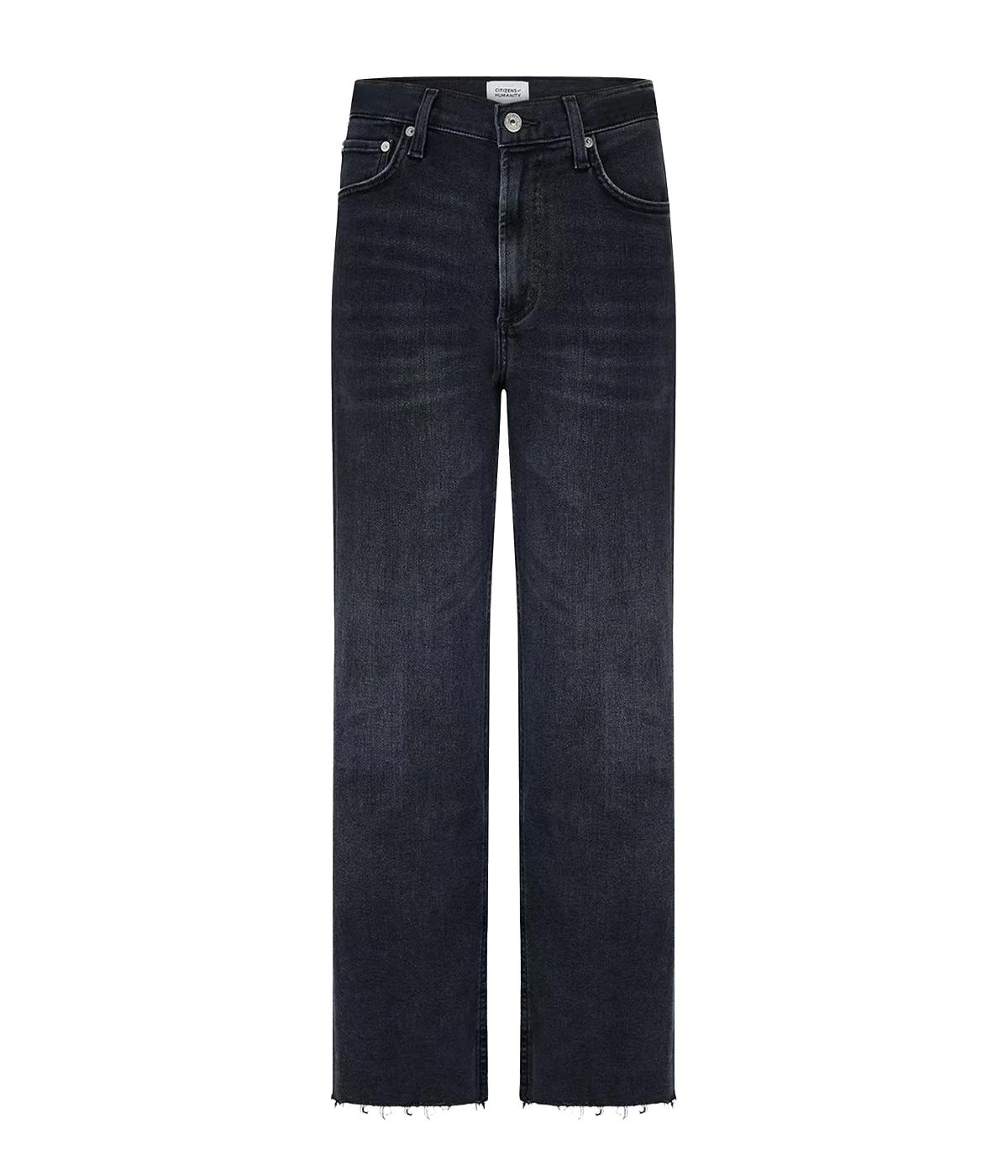 ALT text: High rise classic straight jeans in washed out black with fading and whiskering, made with soft stretch denim.