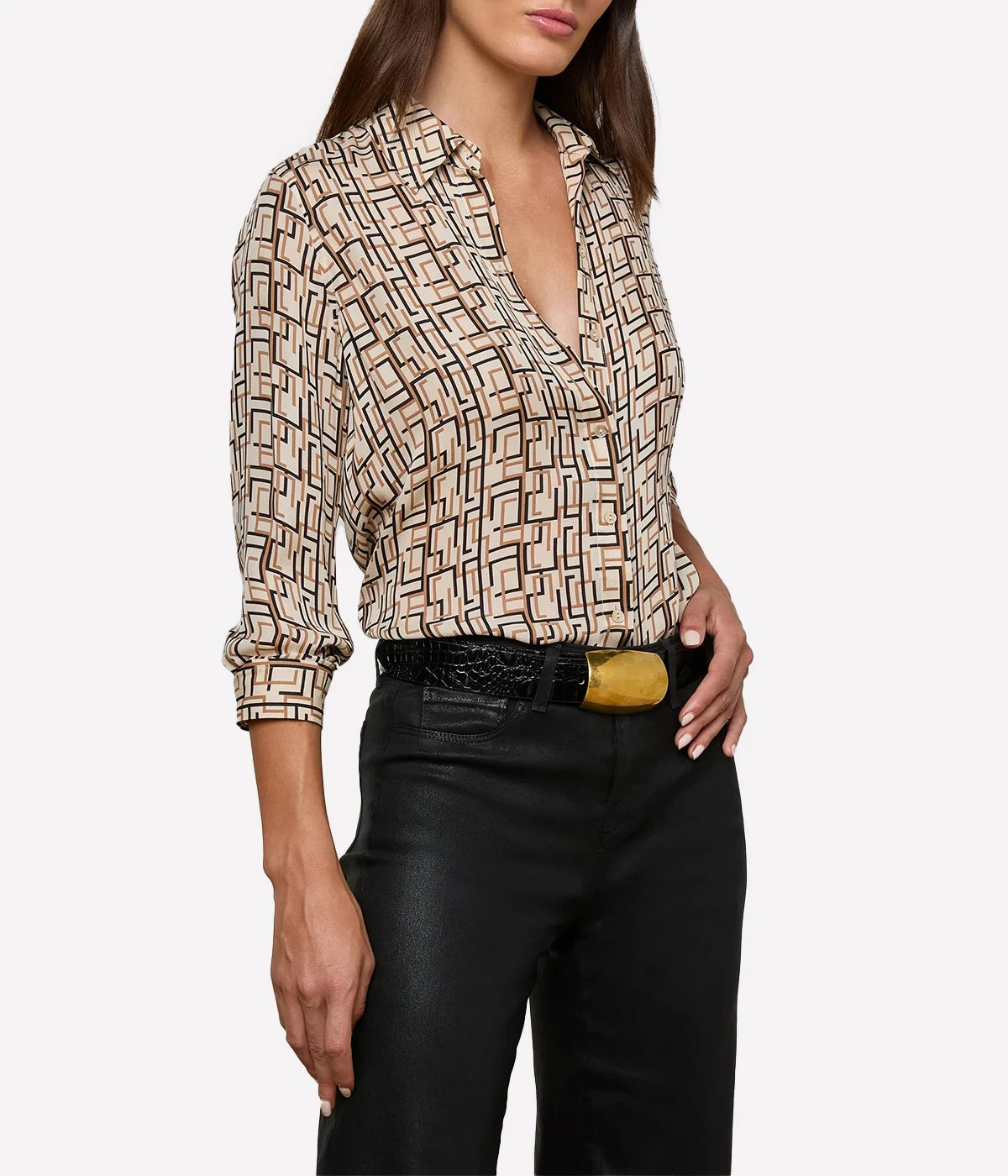 Nina L/S Blouse in Ecru Multi L Geo Print