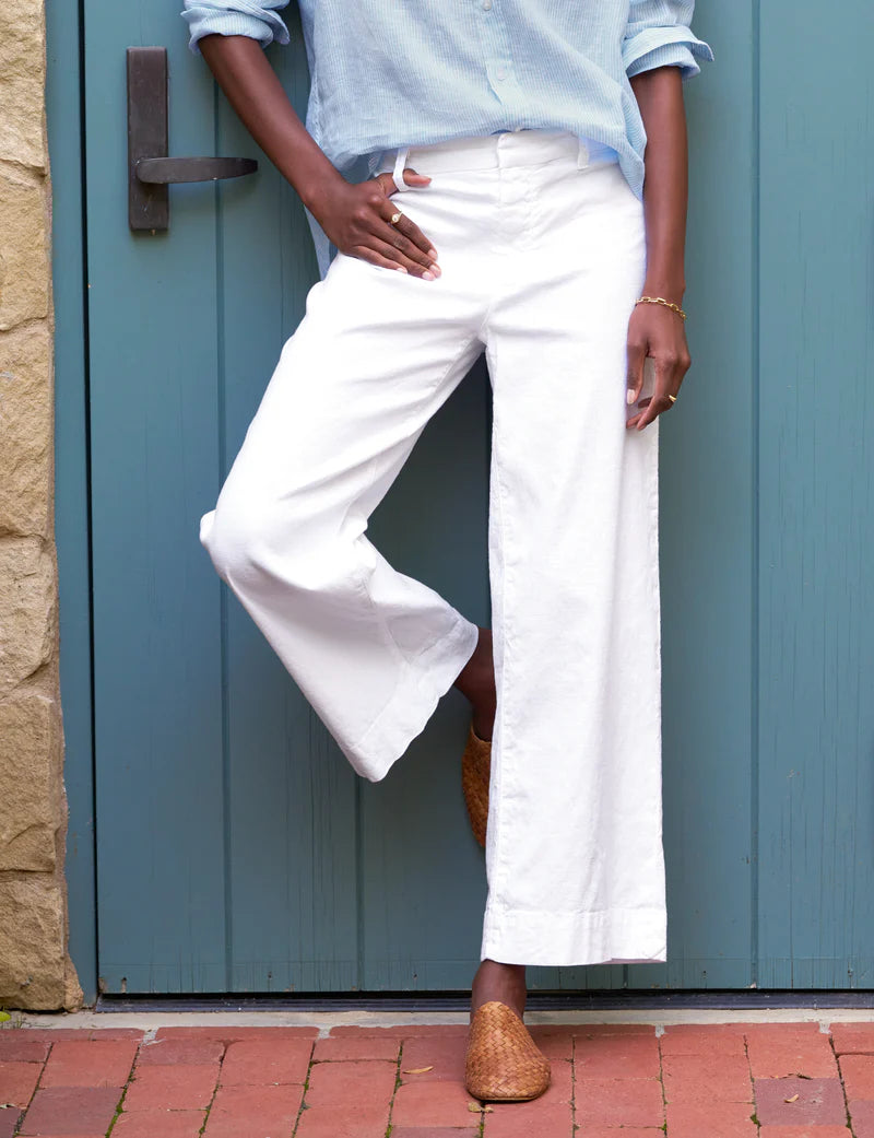 ALT Text: High-rise wide-leg trousers in Italian Performance Linen with a cropped clean hem and back patch pockets for a sleek and flattering look.