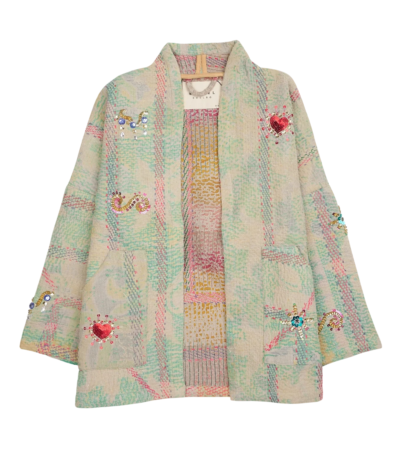 A pastel multicolor tweed jacket with embroidered hearts, butterflies, and floral motifs, displayed on a hanger against a white background.