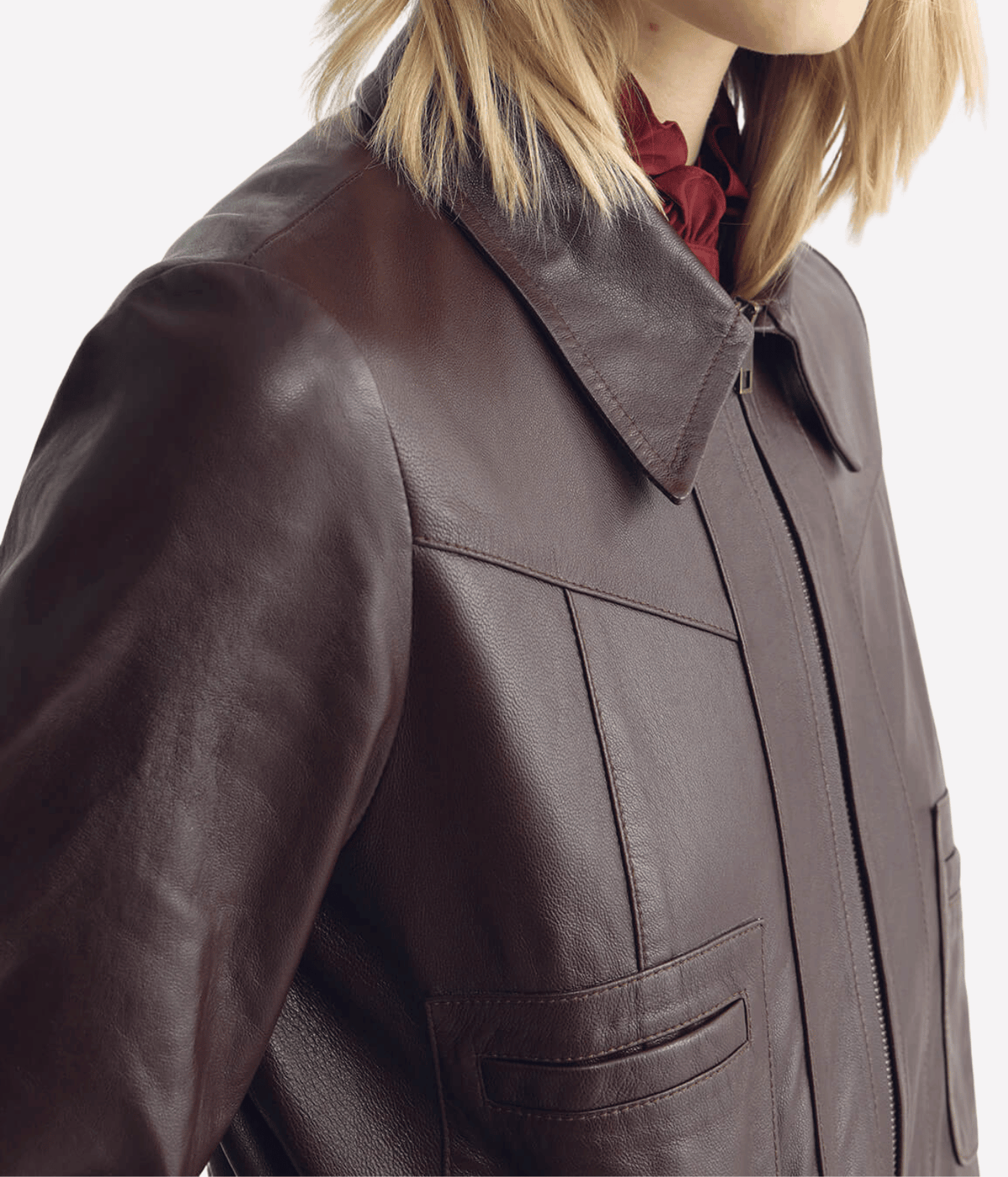 Close-up of the Nili Lotan Charly Leather Jacket in Bordeaux on a model, showing the pointed collar, front zip, Western yoke stitching and chest pocket