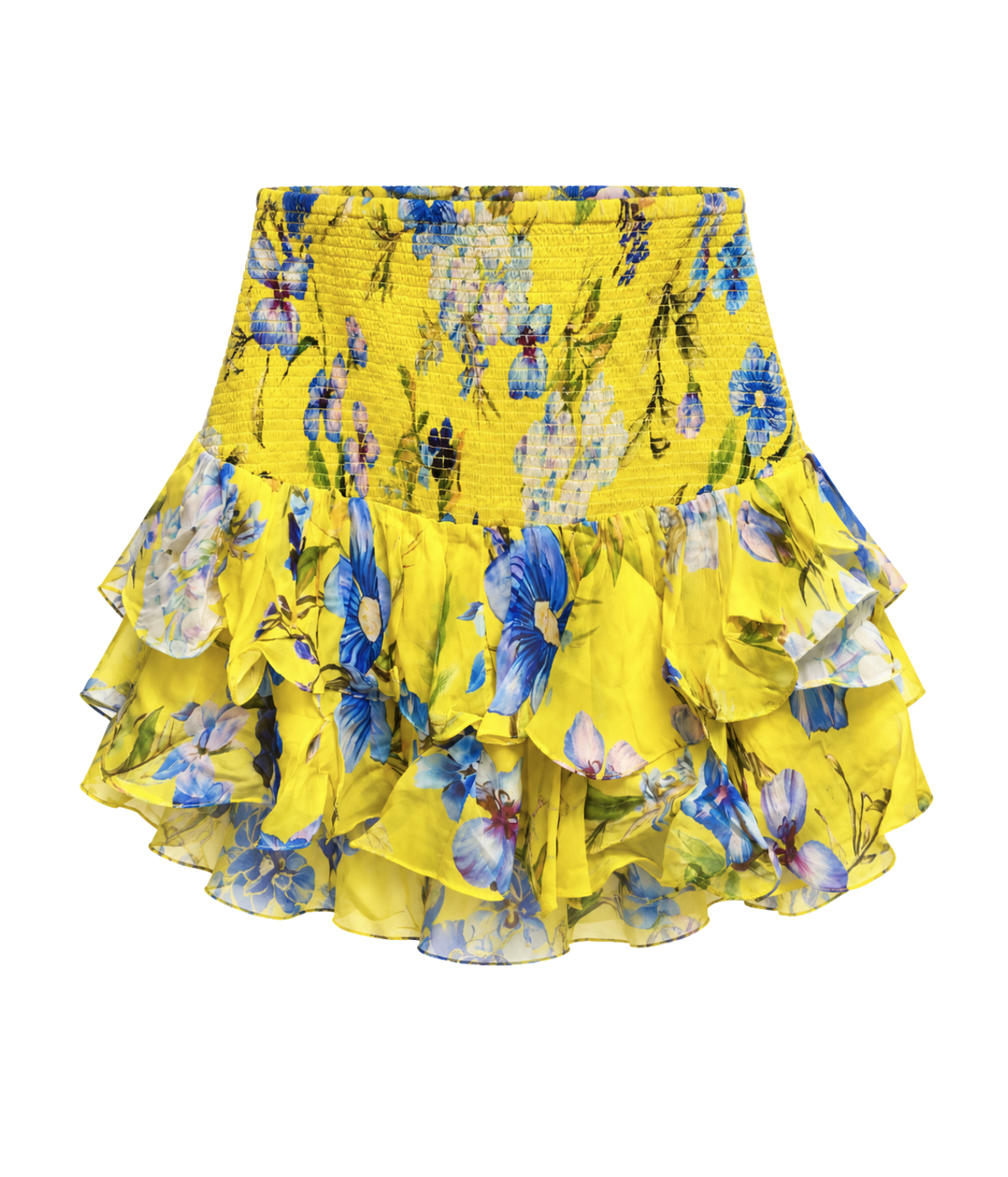 A yellow ruffled mini skirt with a blue and white floral print, shown against a plain white background.
