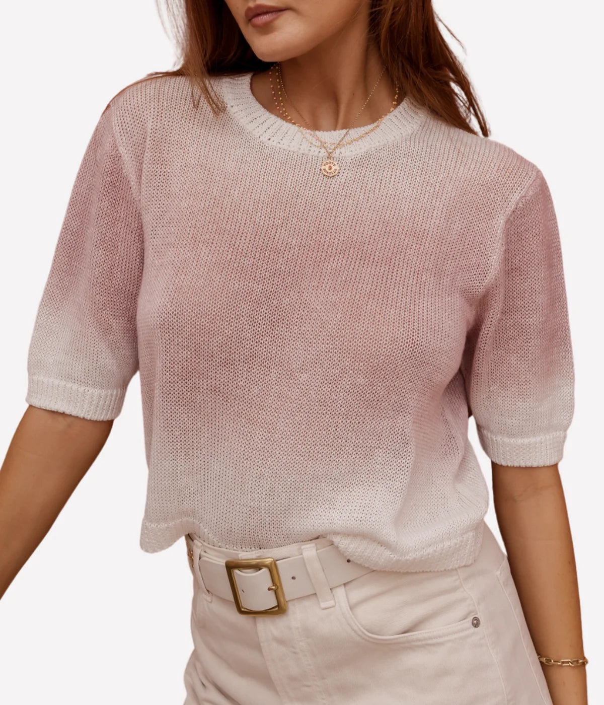 close up front on shot of model wearing avant toi short sleeve maglia