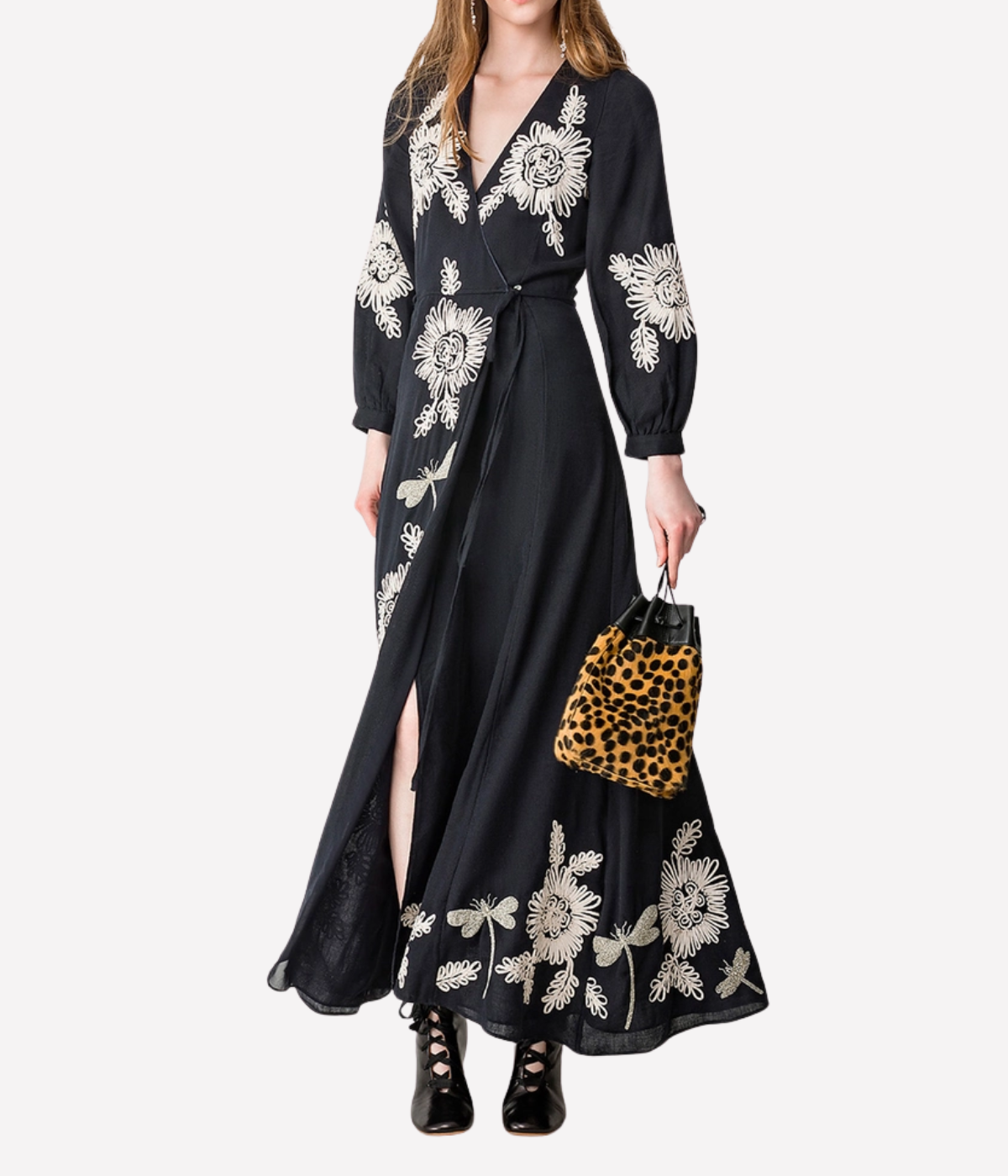 Voila' une fleur" embroidery wool gauze dress in notte
