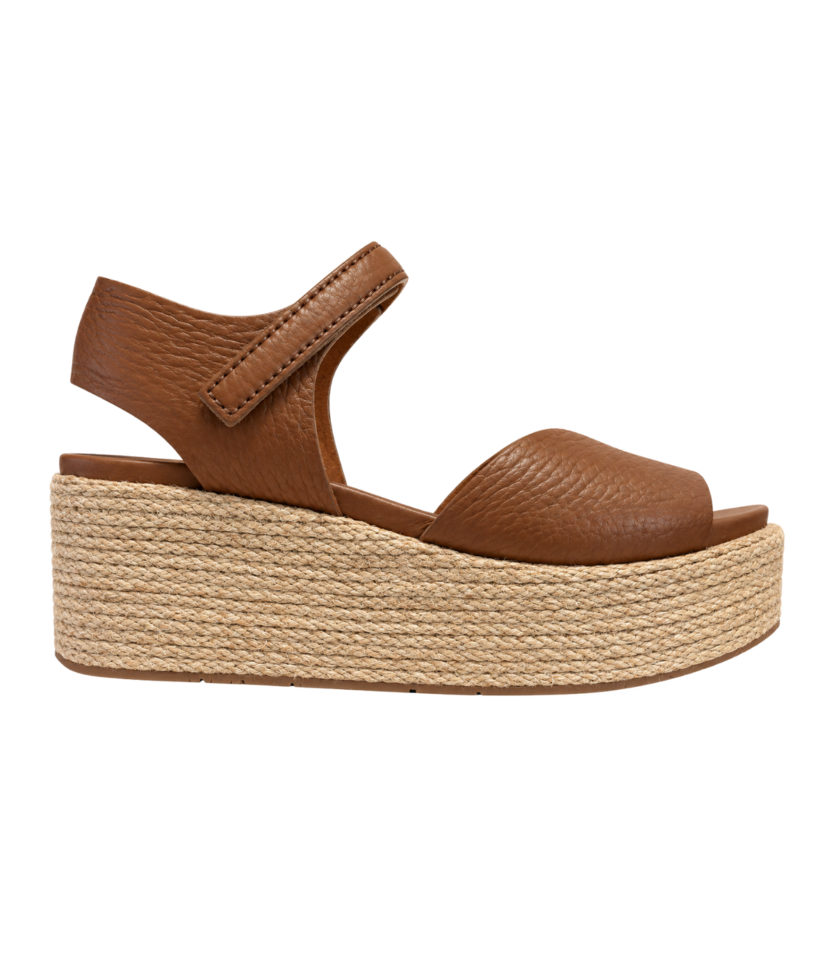 A single women's platform wedge sandal in brown pebbled leather with a braided jute platform sole, Nirvana In Saddle Cervo