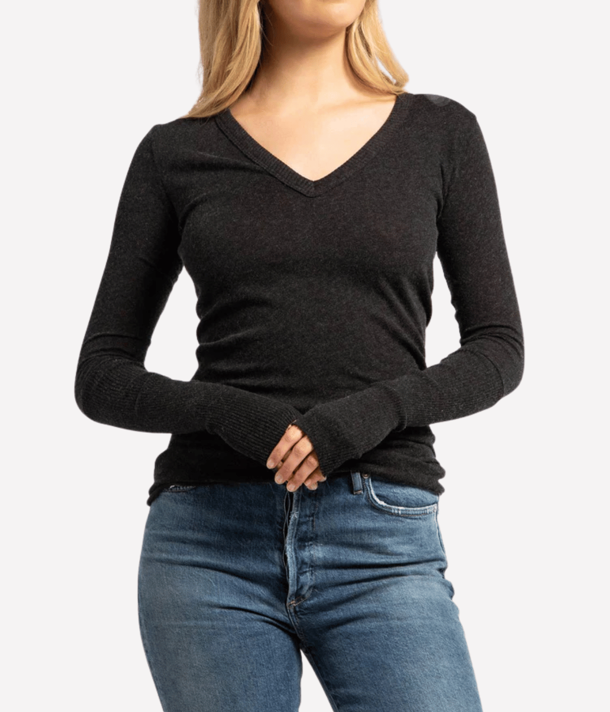 Cashmere V Neck Fitted Long Sleeve Top in Charcoal