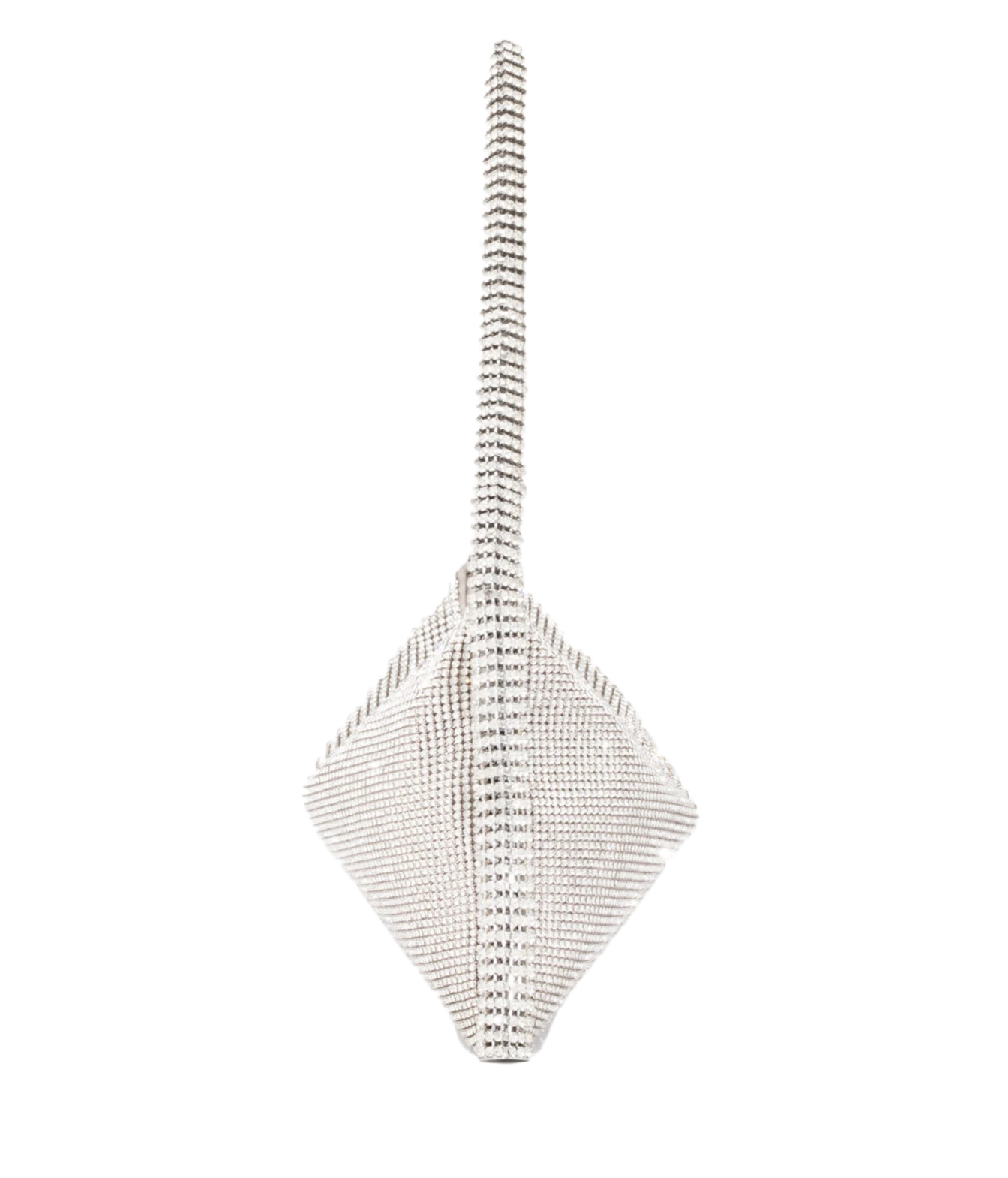 A silver rhinestone-embellished diamond-shaped clutch bag with a long, narrow handle, shown against a solid white background.