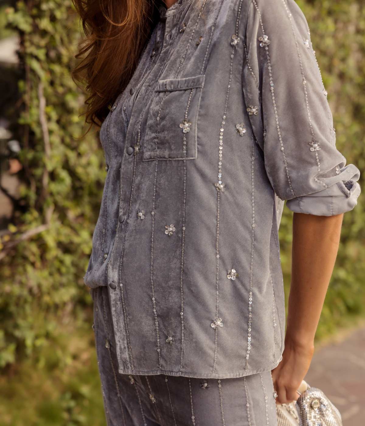 Petites Etoiles Embroidery Velvet Pajama Shirt in Plume