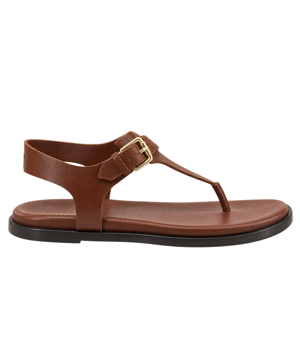 A brown leather T-strap sandal with a gold-tone buckle on the ankle strap, shown in a side profile view - Anthology Paris Madere Sandal in Tan