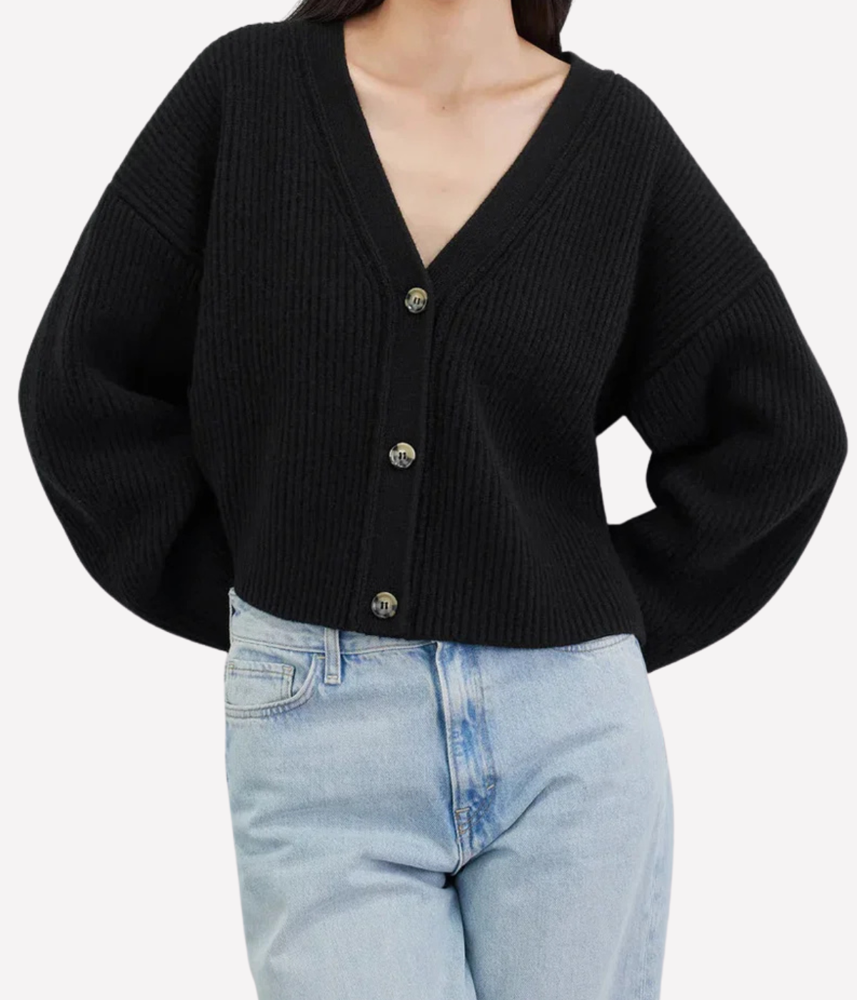 Soft Goat Ribbed Cardigan in Black – Front View