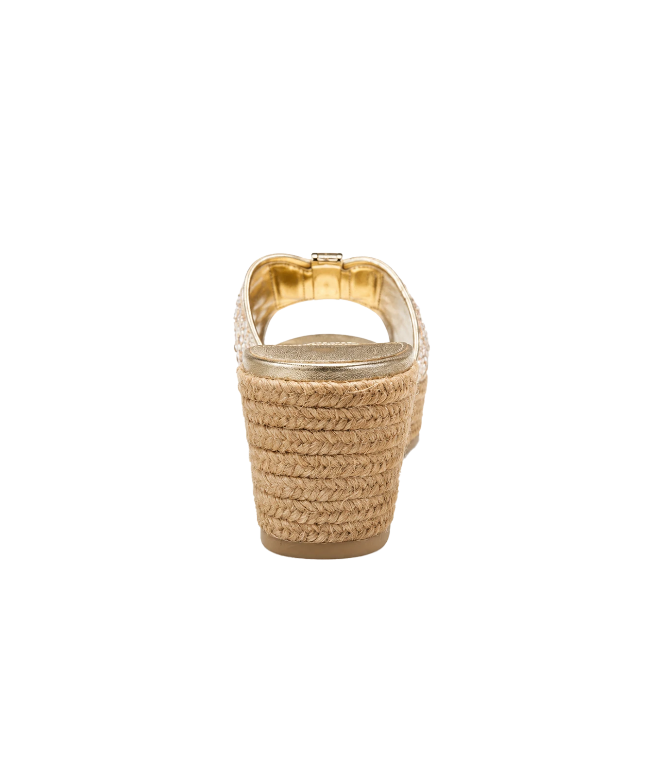 A single women's espadrille wedge sandal shown from the back, featuring a woven natural jute heel and a metallic gold slingback strap with a small gold buckle.