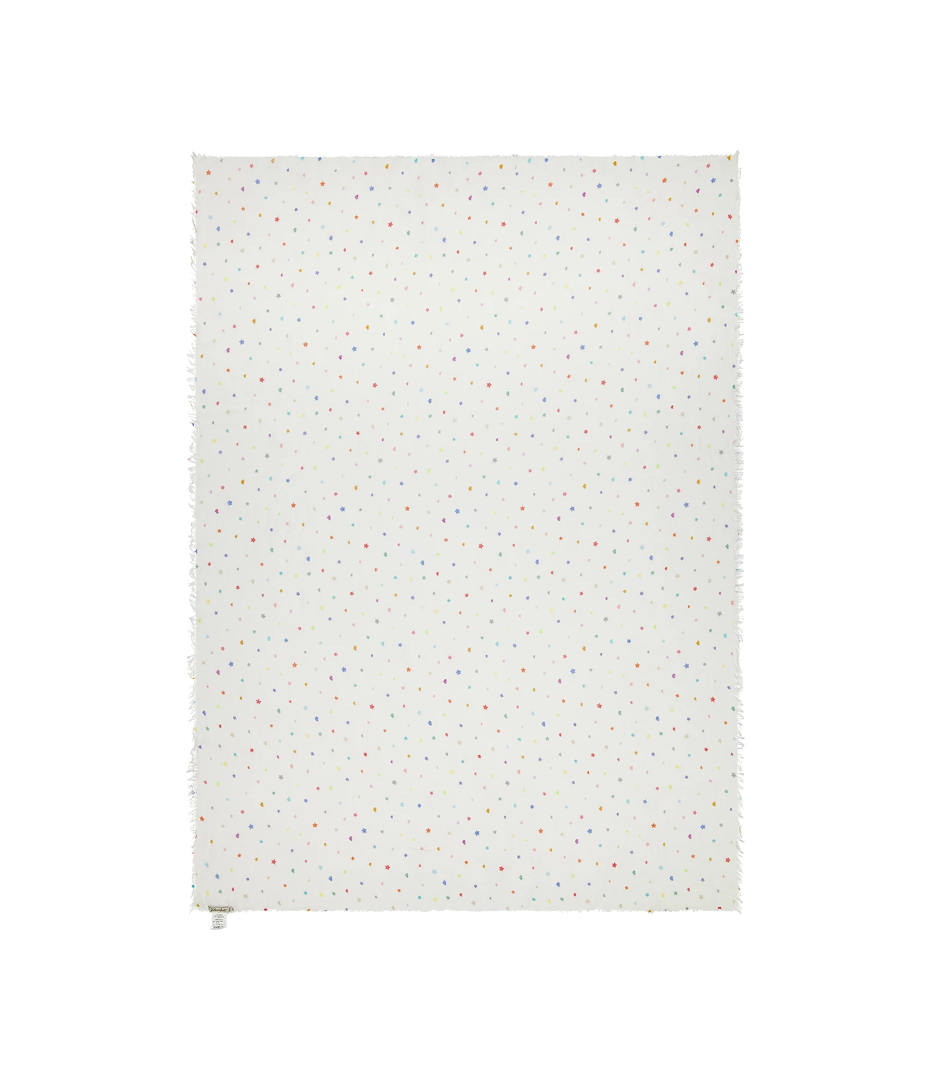 A rectangular white fabric panel with a delicate, all-over multicolor confetti dot pattern and frayed edges