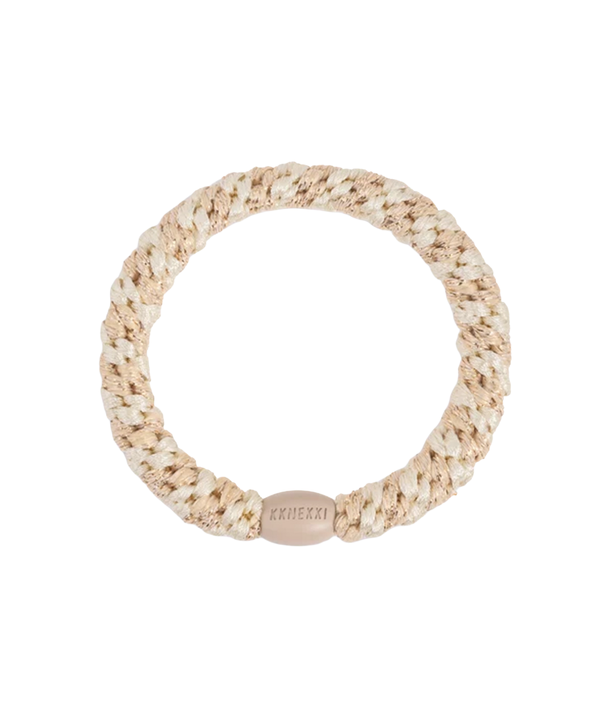 A beige coloured braided hair band with a smooth plastic bead with KKNEKKI writing