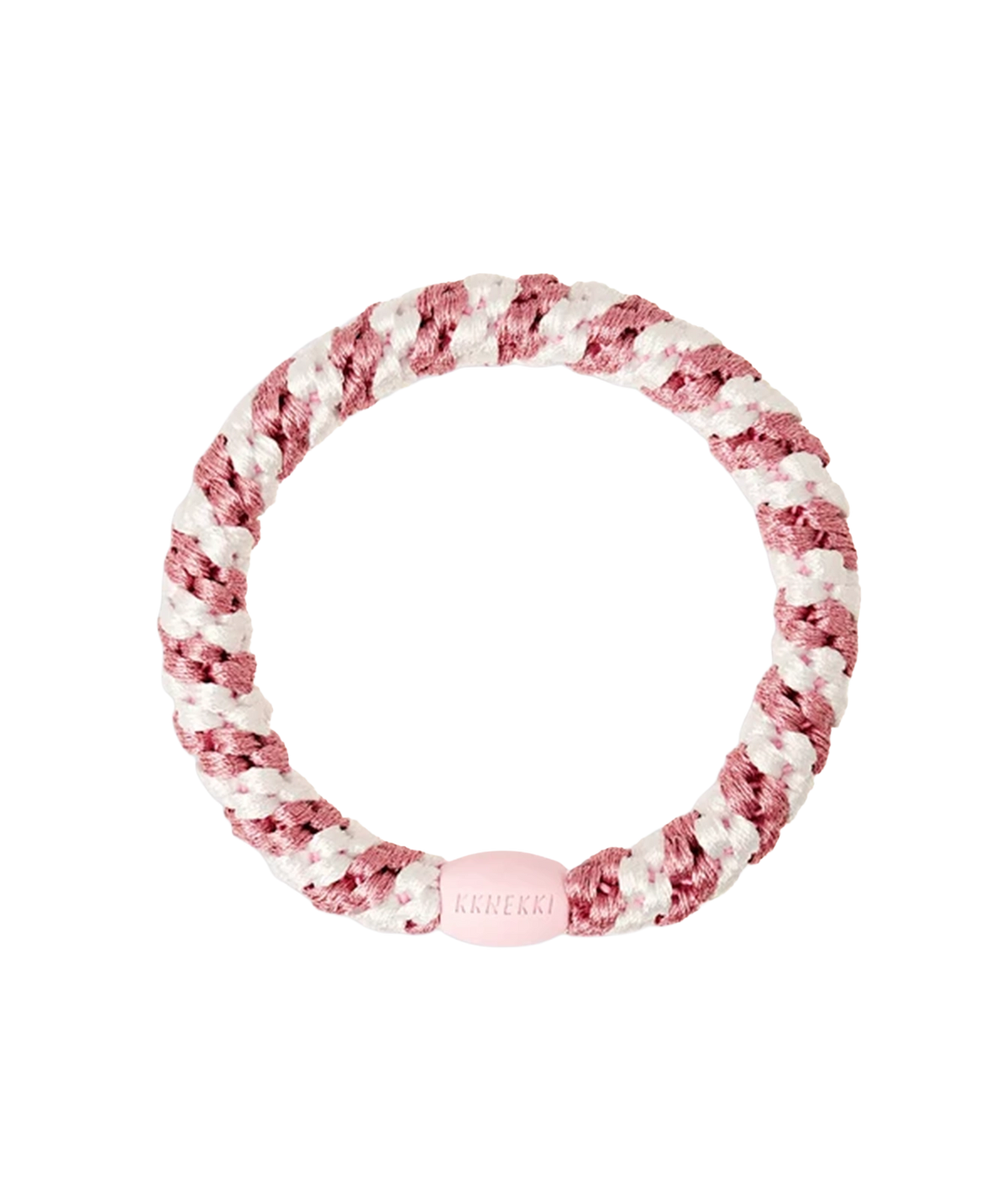 A multi coloured pink braided hair band with a smooth plastic bead with KKNEKKI writing