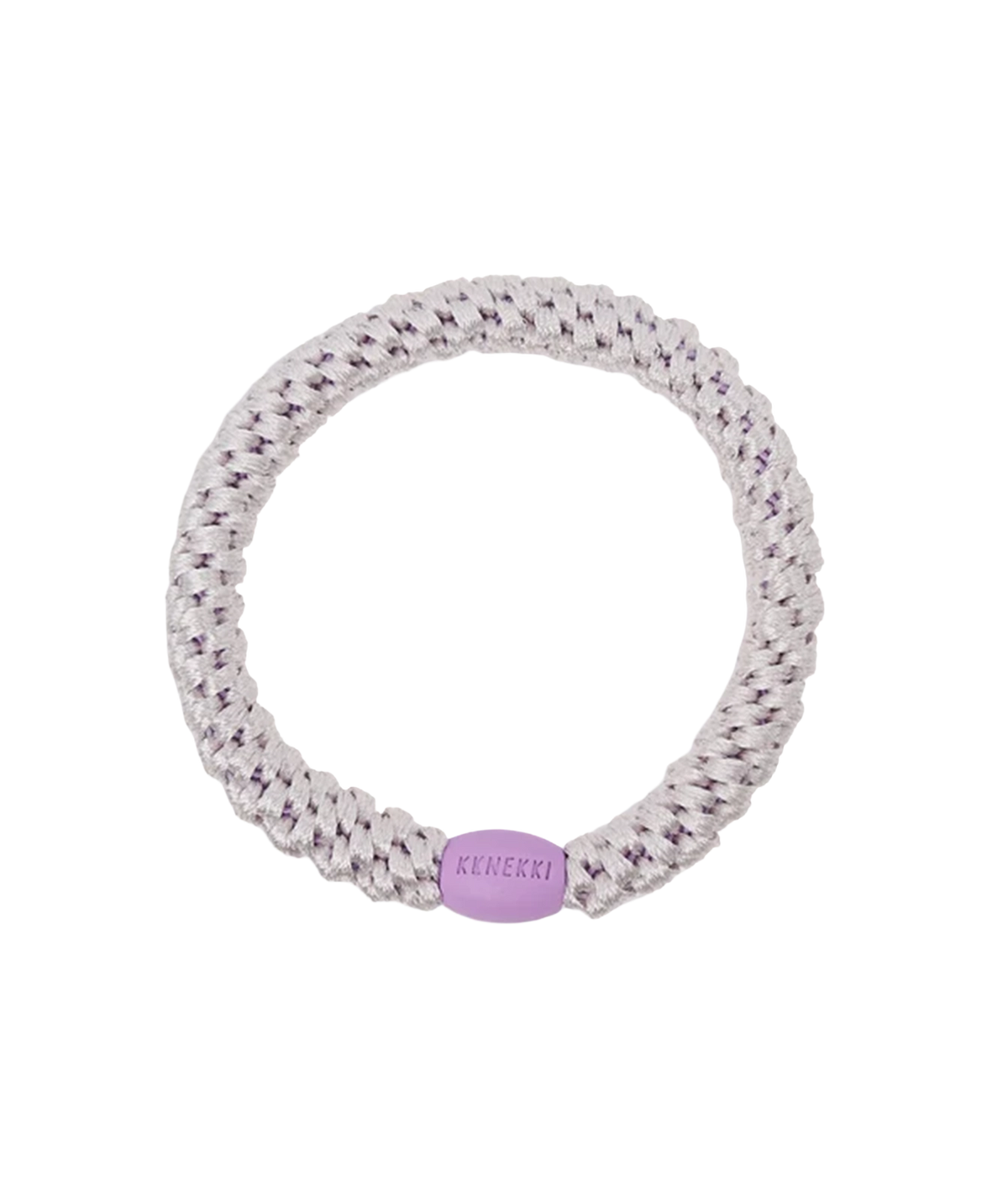 A purple lavender coloured braided hair band with a smooth plastic bead with KKNEKKI writing
