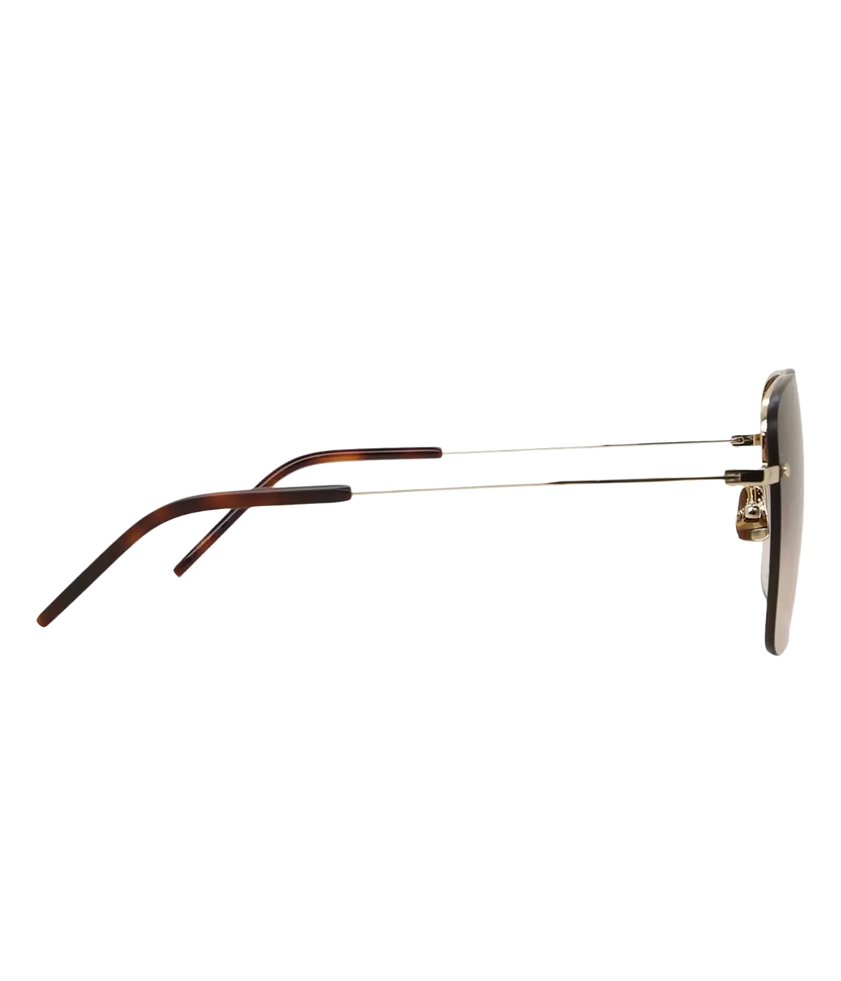 Side view of Saint Laurent SL 312 M Rimless Sunglasses in Light Gold and Gradient Brown showing the gold temple and brown end tip