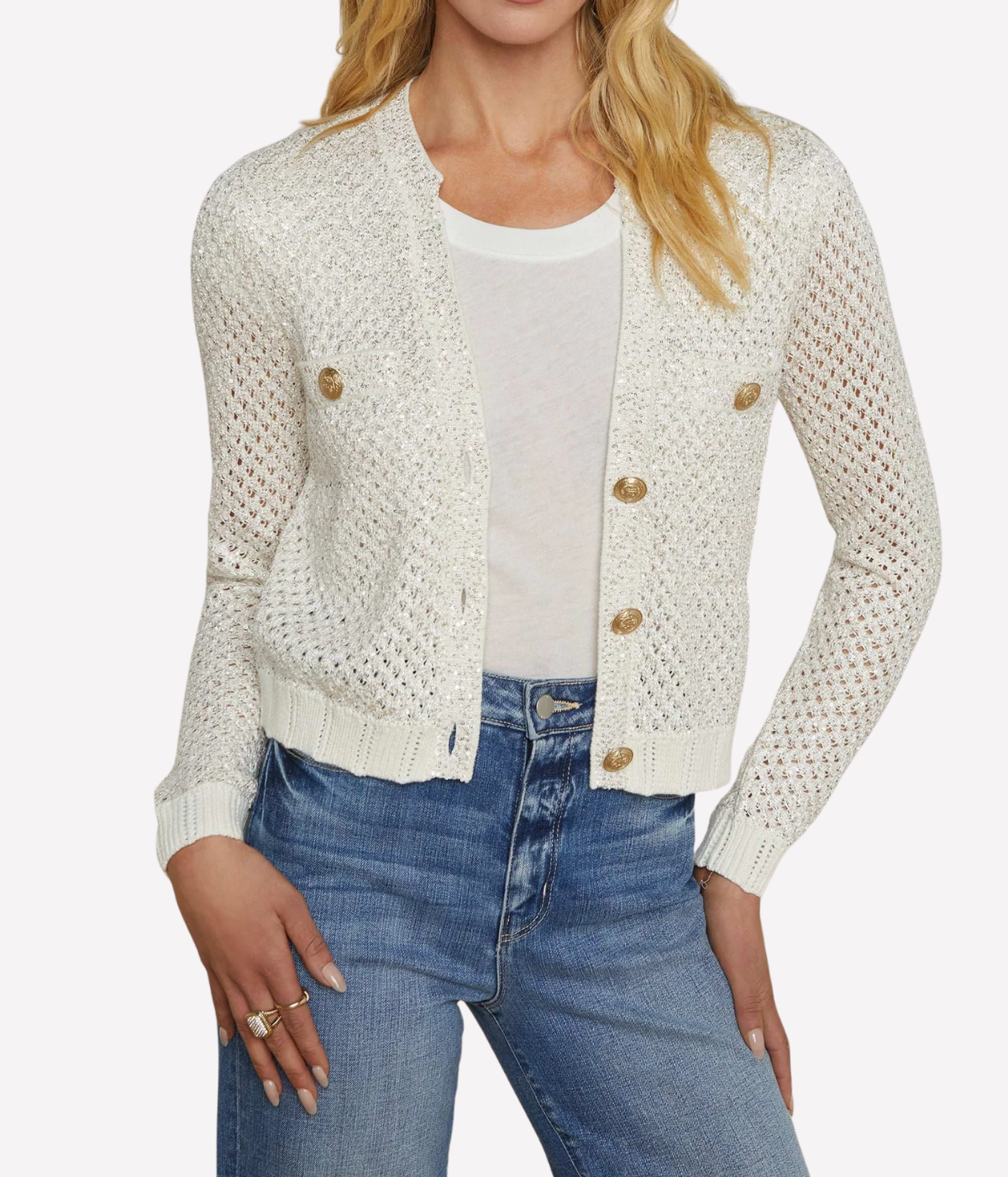 Blanca Sequin Crop Cardi in Ivory Gold