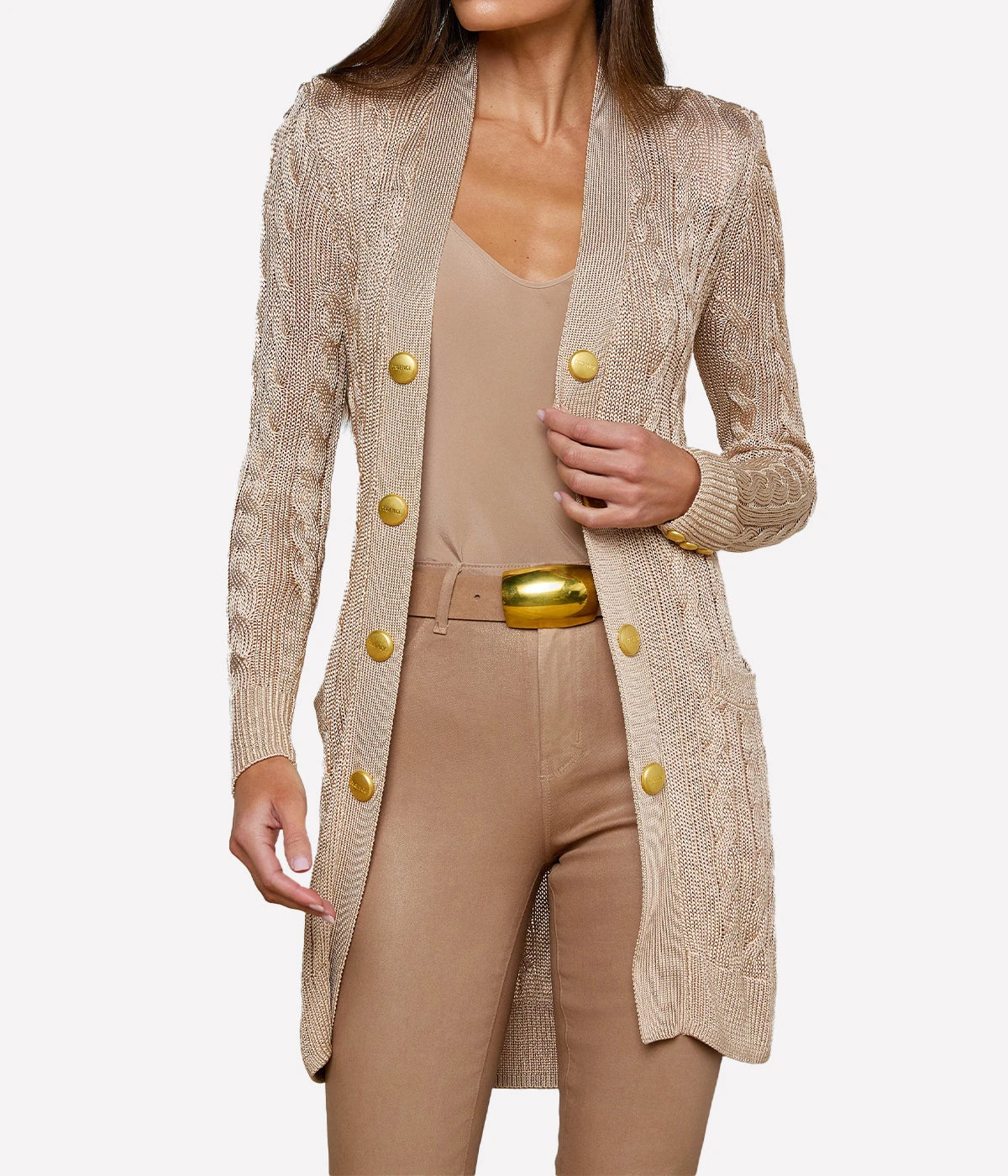 Penelope Belted Cable Cardigan In Almond Gold