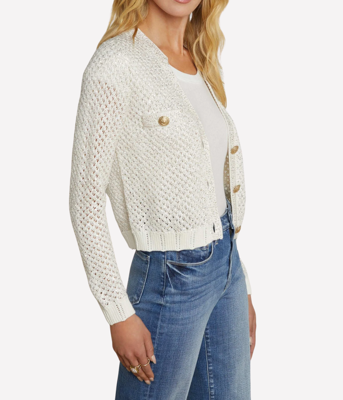 Blanca Sequin Crop Cardi in Ivory Gold