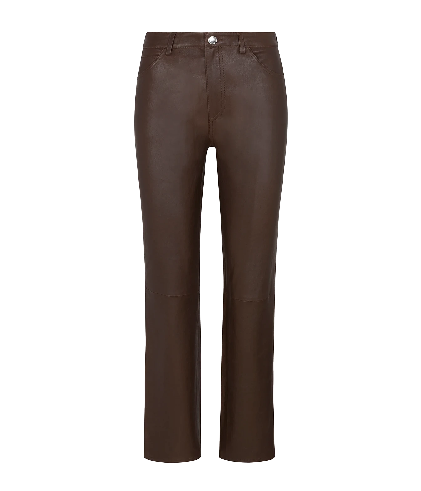 A pair of dark brown faux leather cropped pants with a straight-leg fit, shown on a plain white background.