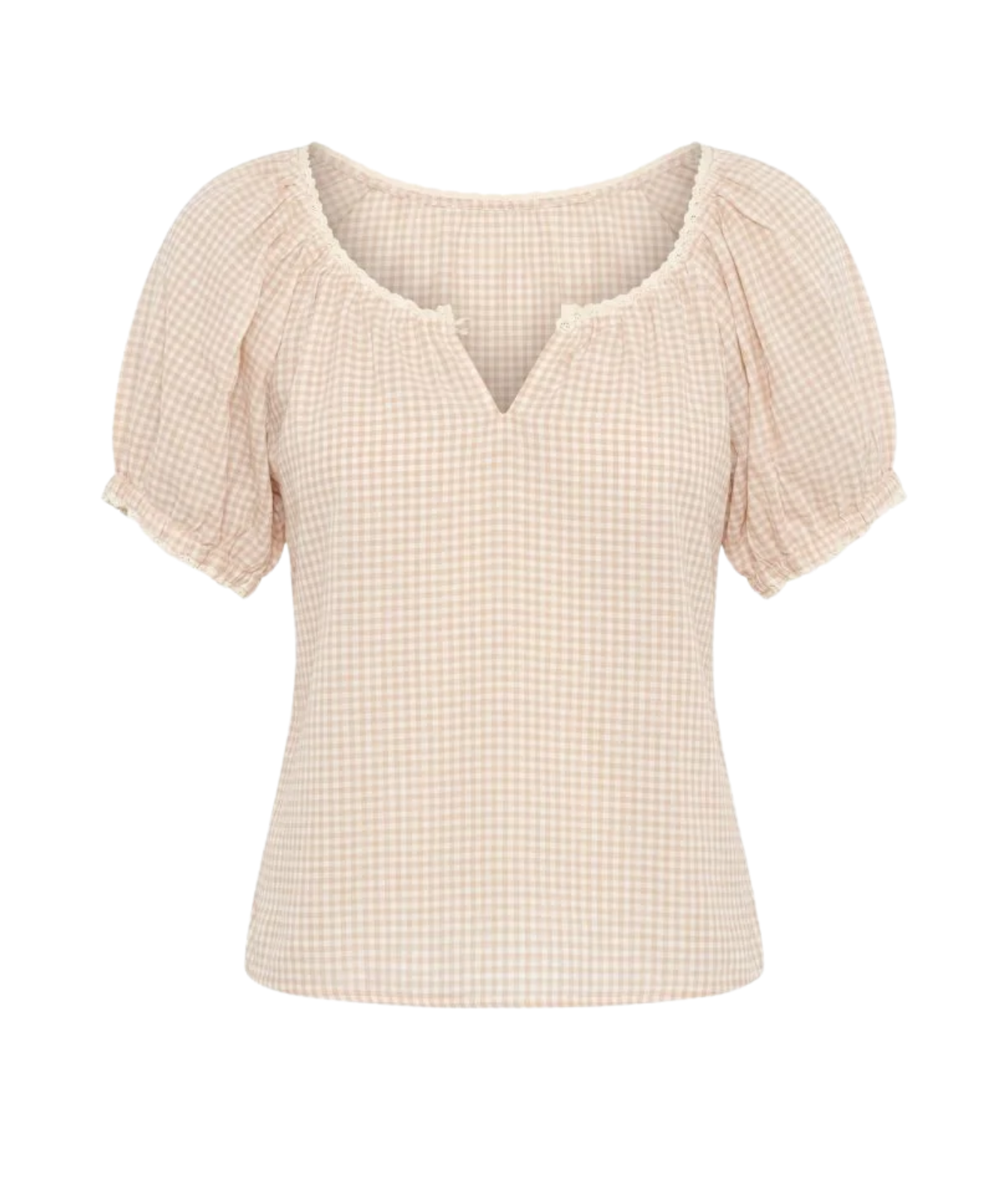 A beige and white gingham short-sleeve blouse with puff sleeves and a split V-neckline, shown on a plain white background.