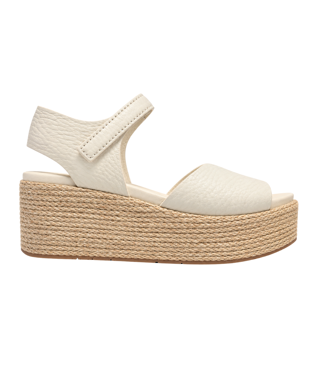 A single women's platform wedge sandal with a textured off-white pebbled leather upper and a thick natural jute-wrapped wedge heel, Nirvana In Creme Cervo