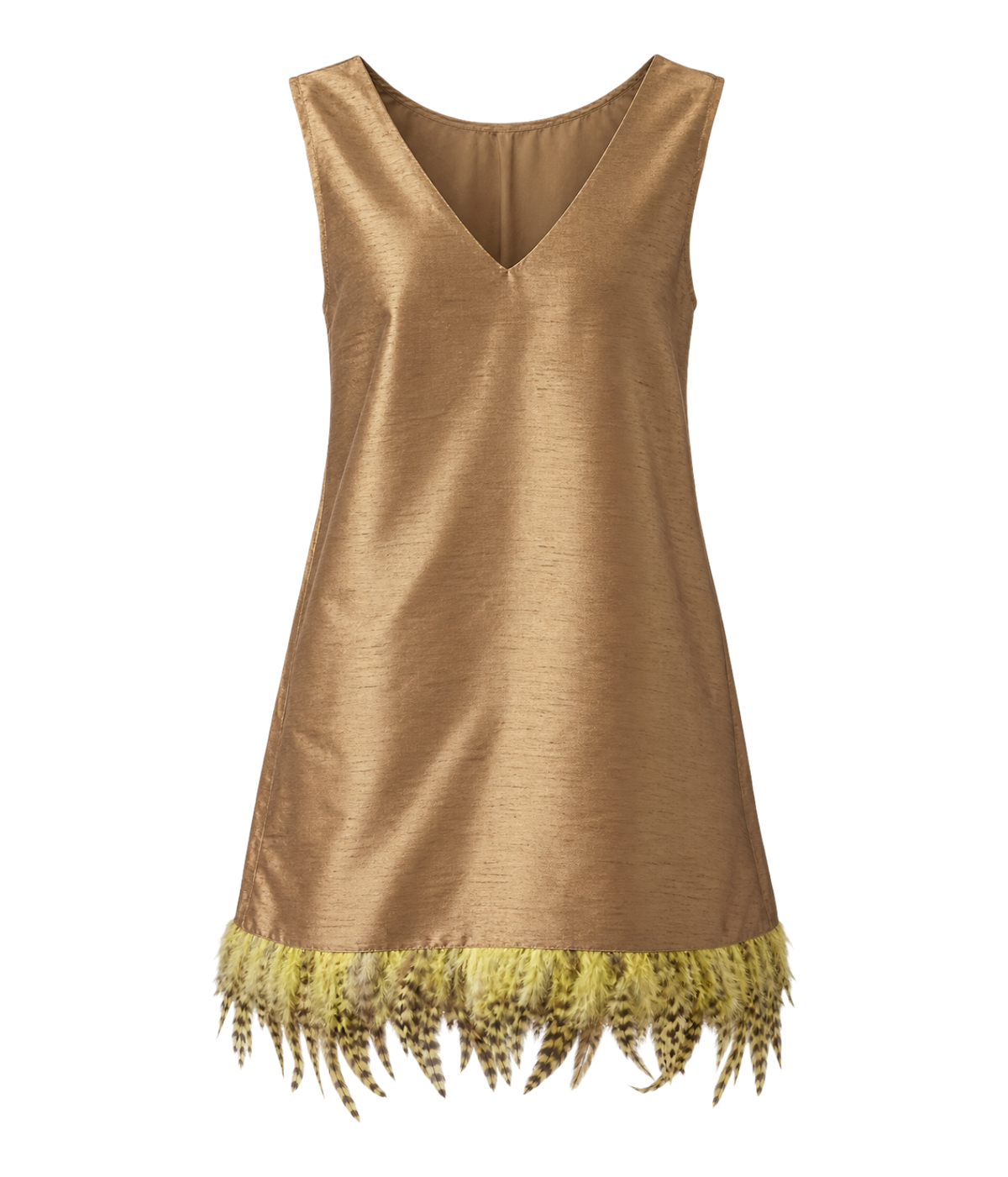 Exaggerated Dupioni Tank With Feather Embellishment In Camel