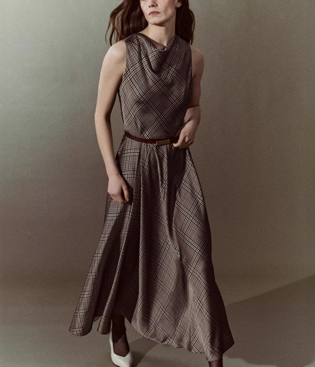 Pressed Plaid Cowl Neck Dress in Multi Plaid