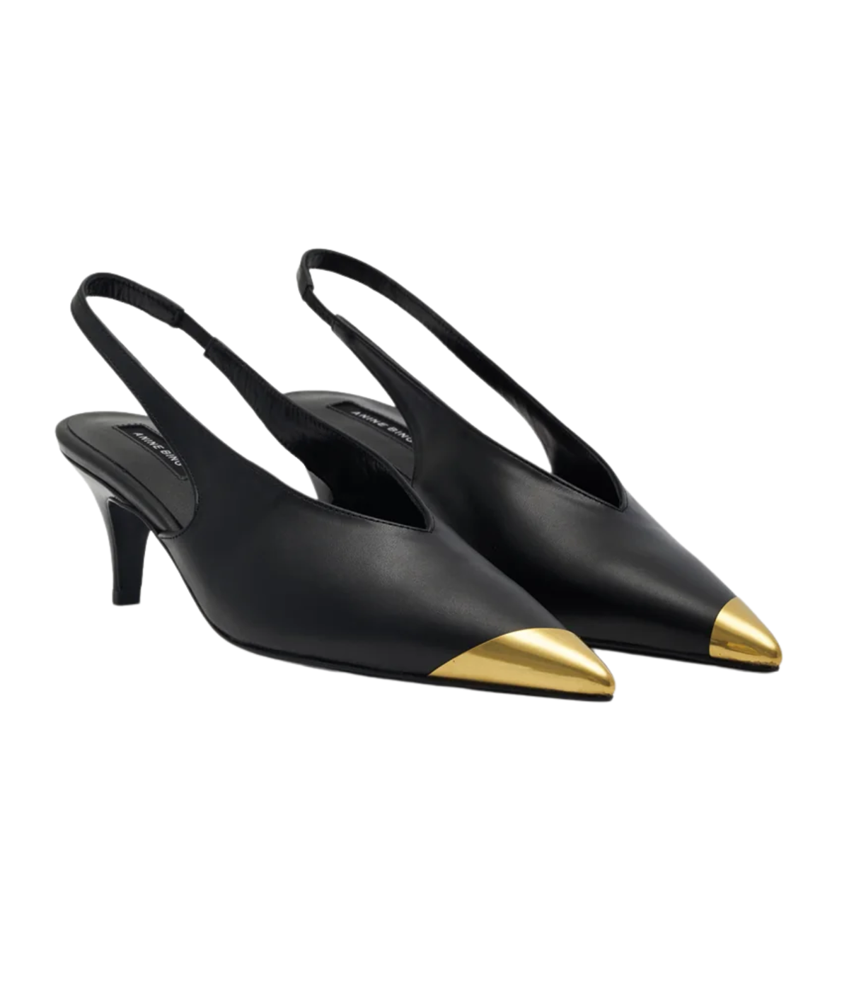 Pair of Anine Bing Nelly Slingback Metal Toe in Black at a three-quarter angle, showing the kitten heels, slingback straps and gold metal toe caps