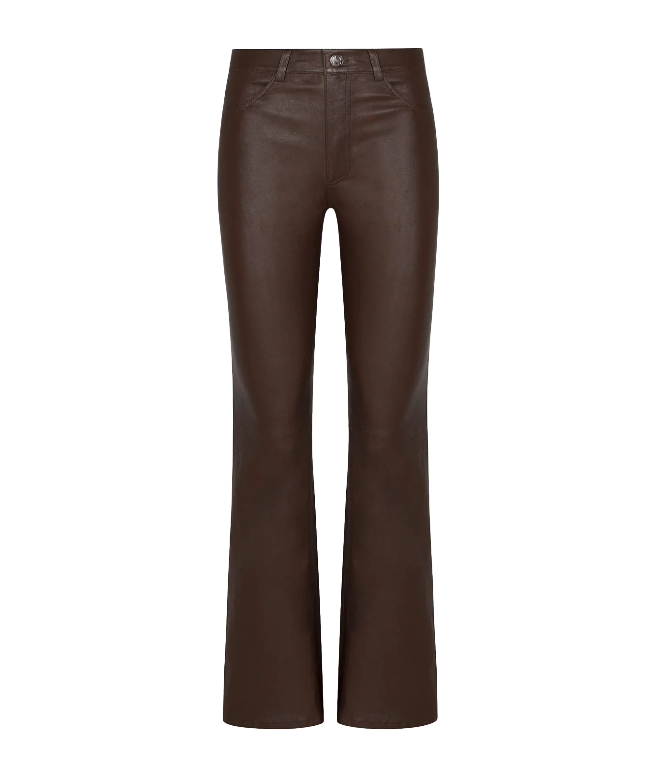 A pair of dark brown faux leather flare pants shown on a plain white background.