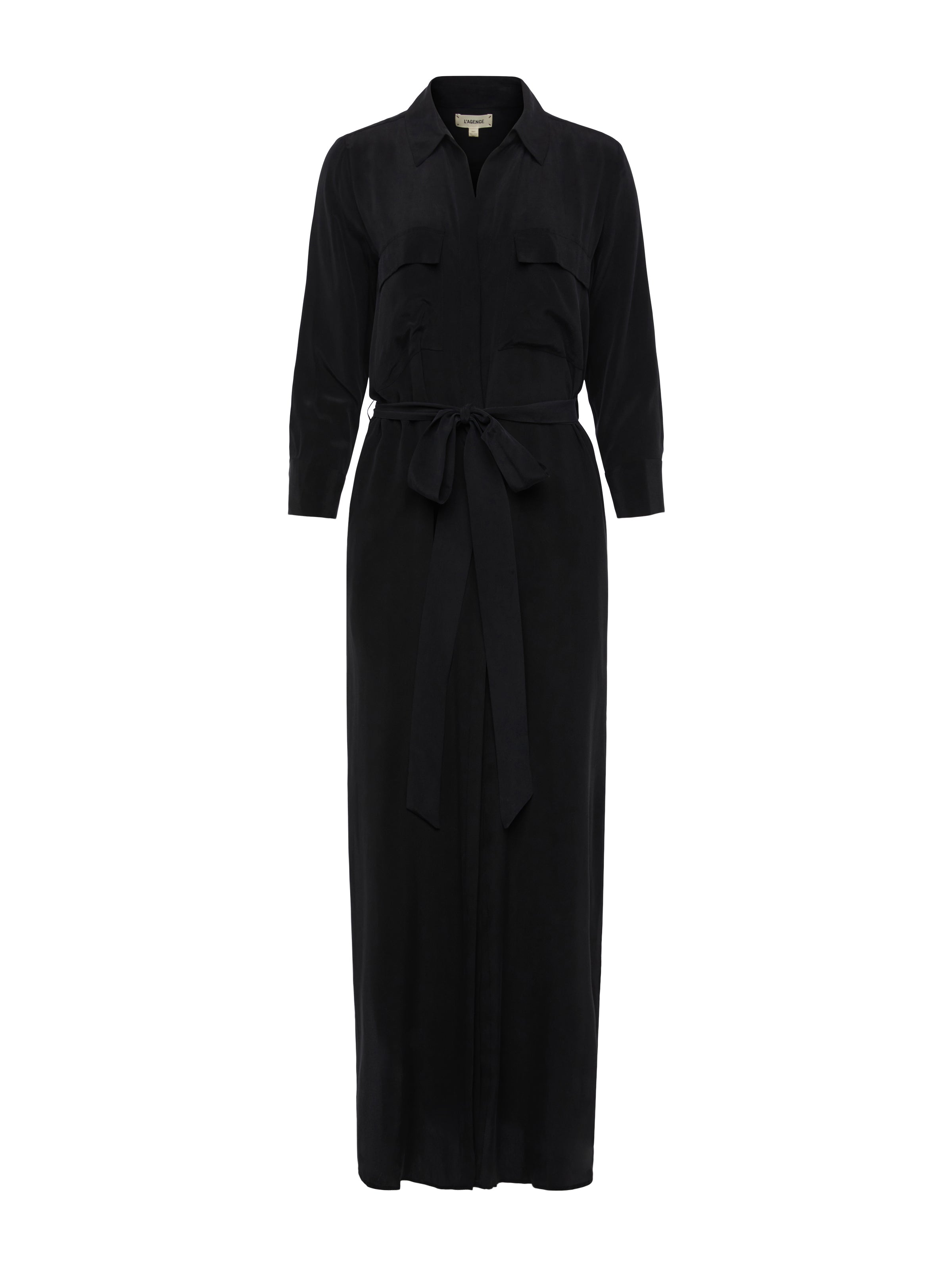 ALT text: Silk long shirt dress styled as both a buttoned-up dress and an open duster jacket for versatile looks.