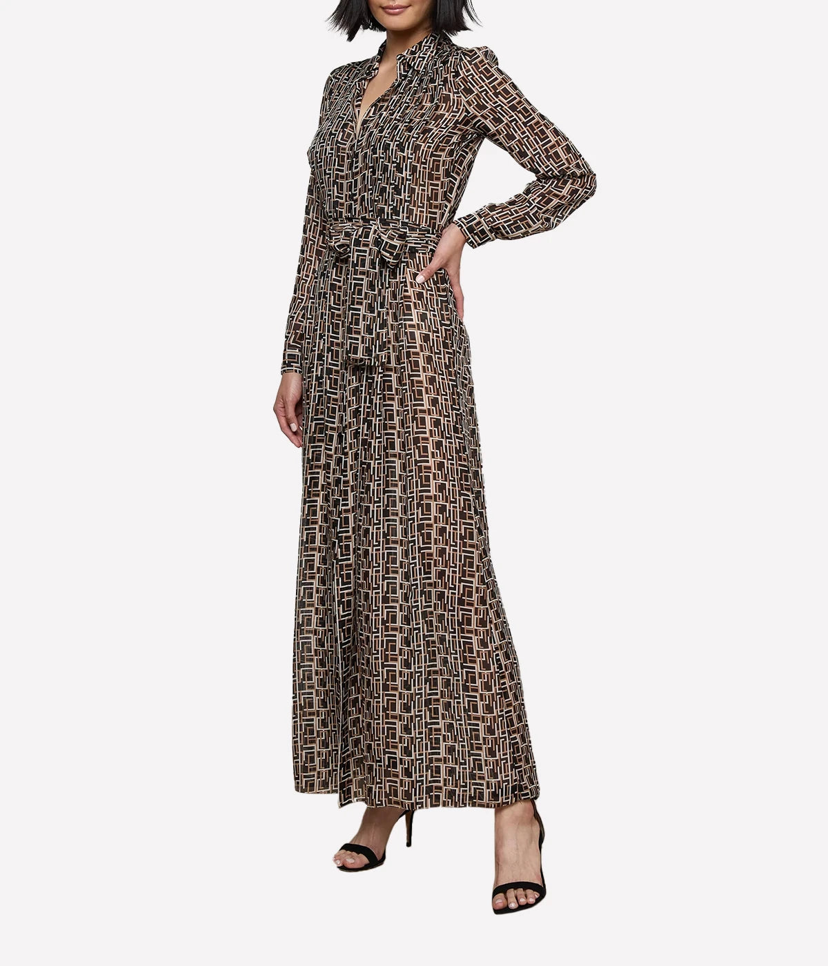 Klaudia Pin Tuck Shirt Dress in Black Multi L Geo Print