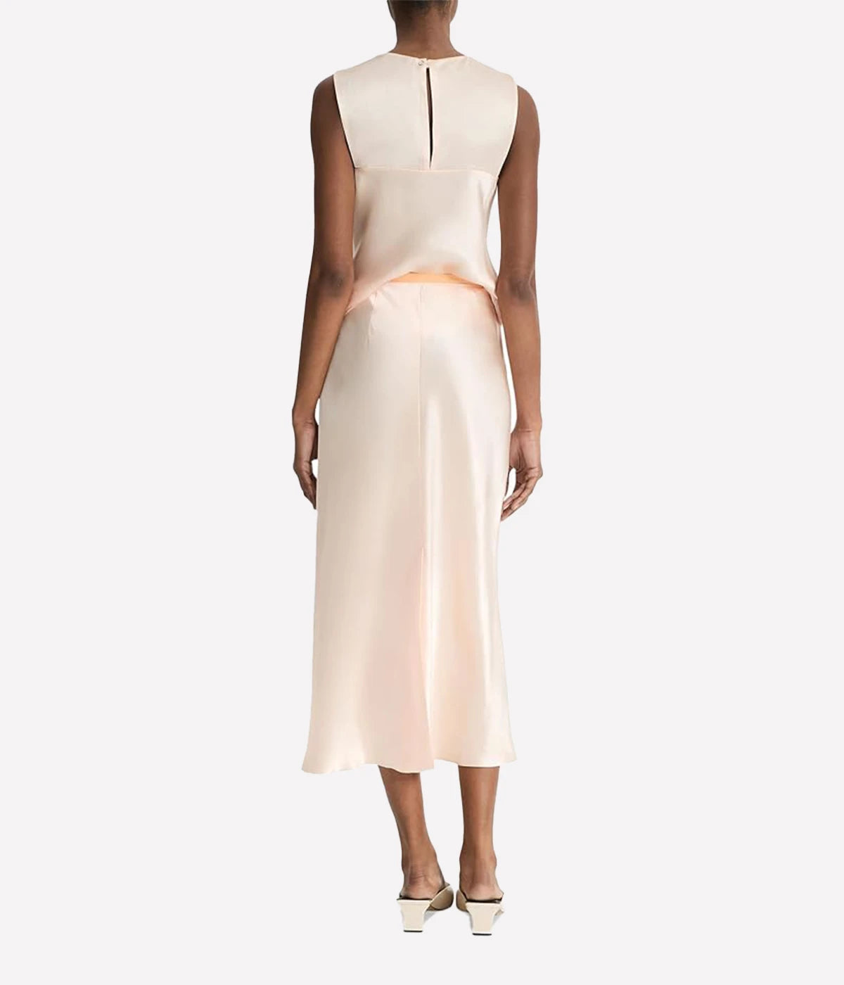 Vince sleeveless satin shell top in lychee pink made from sustainable Naia Renew acetate with crew neckline and back-button closure – elegant women's top.