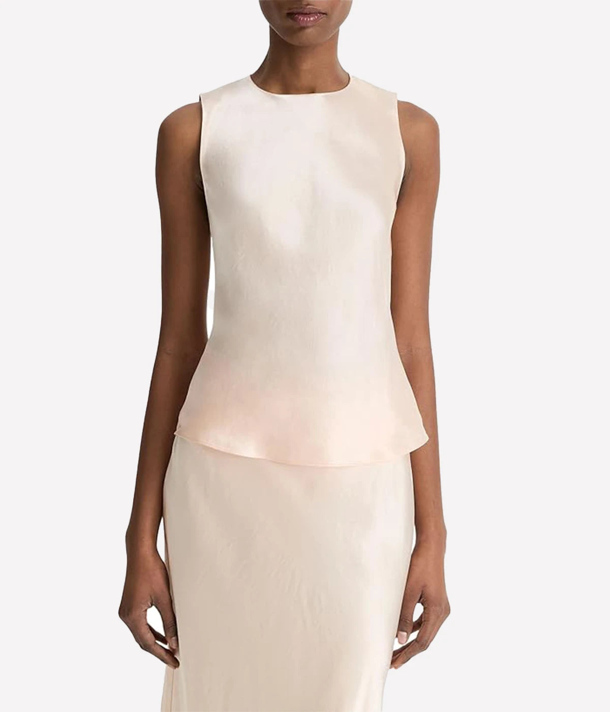 Vince sleeveless satin shell top in lychee pink made from sustainable Naia Renew acetate with crew neckline and back-button closure – elegant women's top.