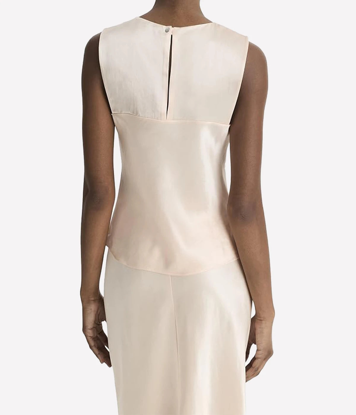 Vince sleeveless satin shell top in lychee pink made from sustainable Naia Renew acetate with crew neckline and back-button closure – elegant women's top.