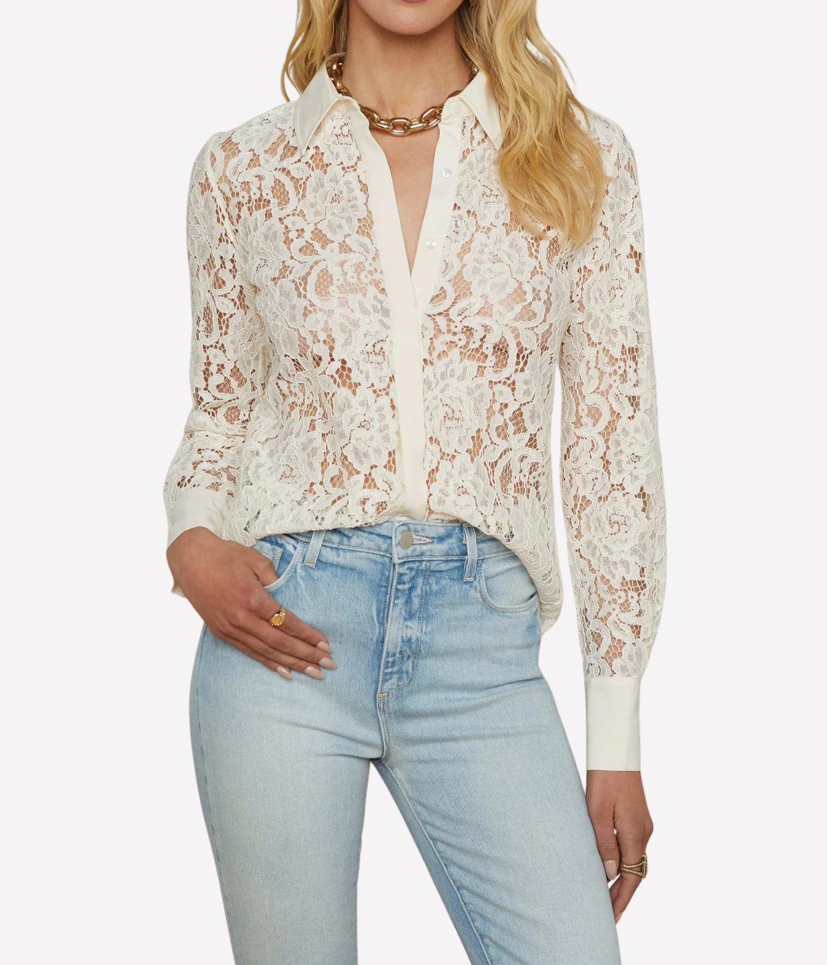 Maia Lace Button Down in Vintage White