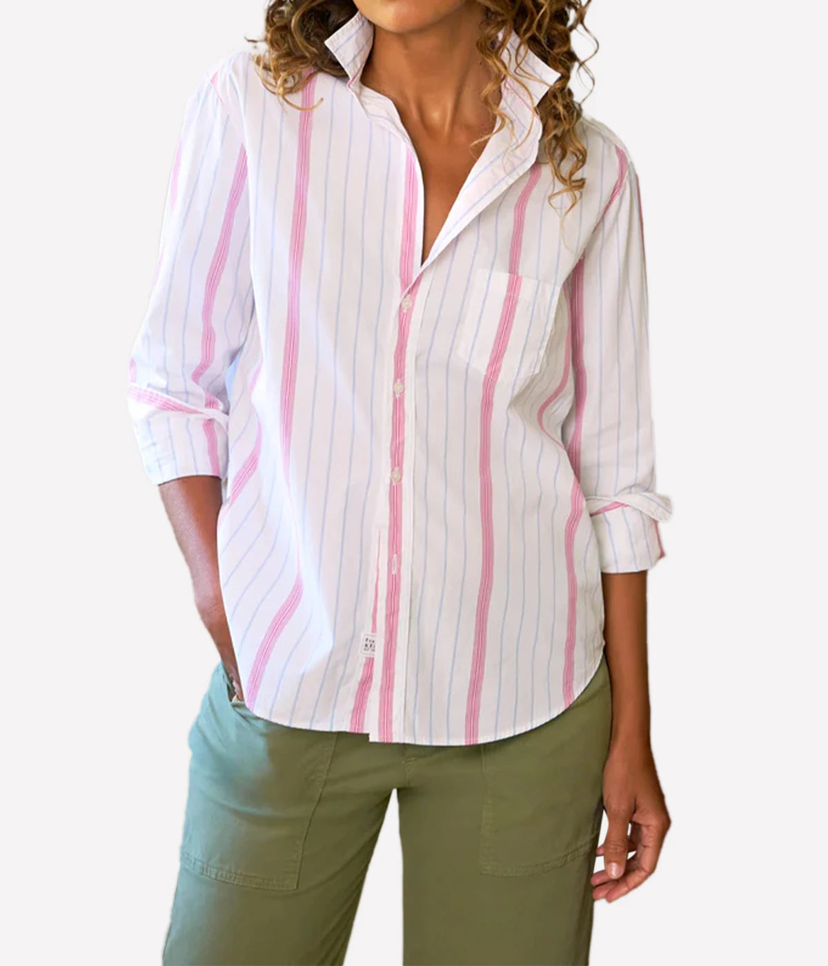 Eileen Woven Button-Up Shirt in Multi Stripe Pink Blue