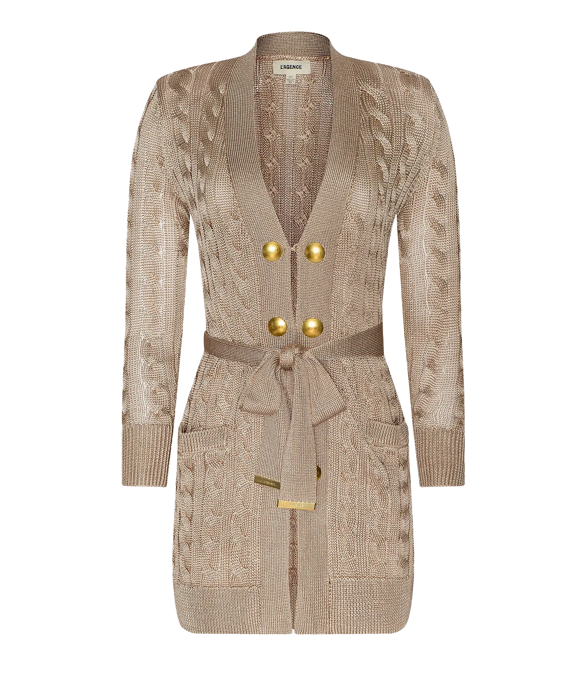 Penelope Belted Cable Cardigan In Almond Gold