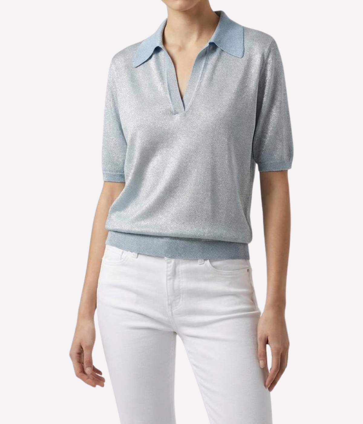 Laminated Polo Neck Pullover in Dusty Blue