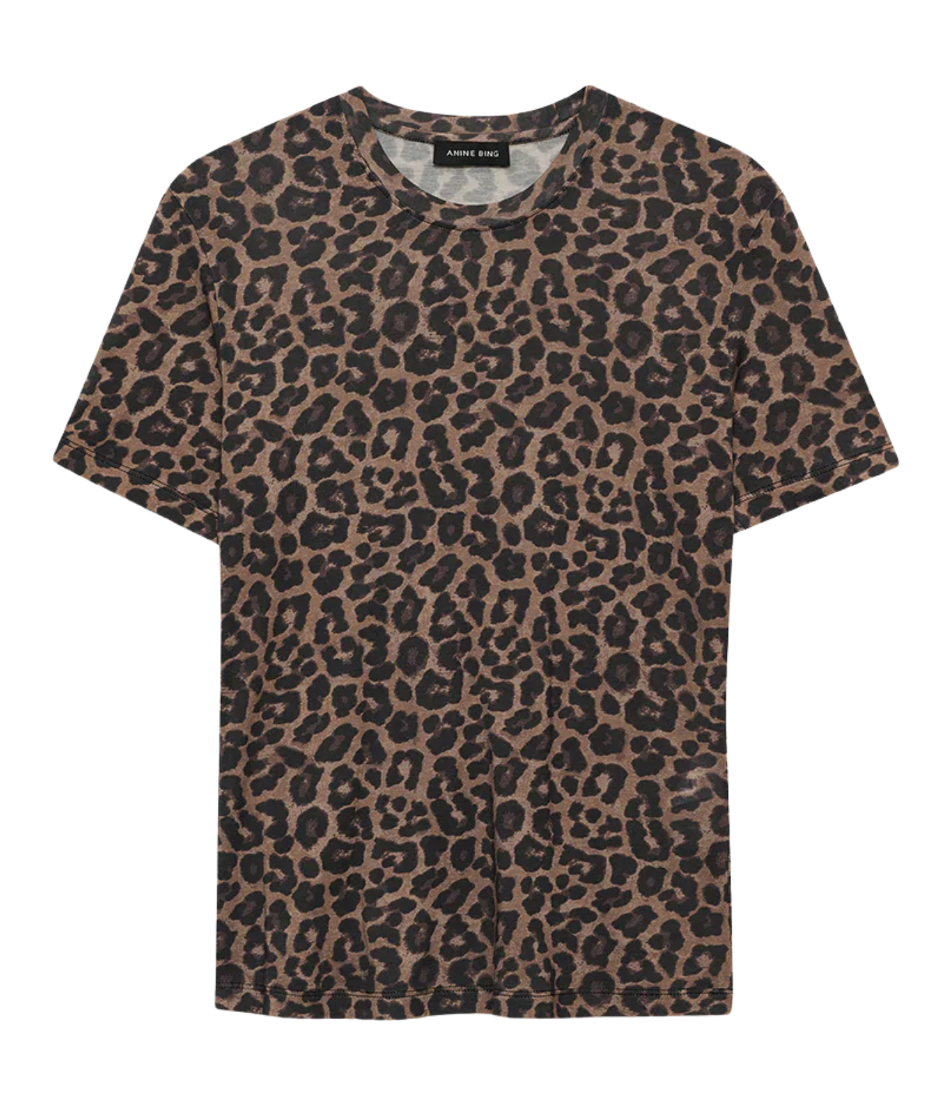 A short-sleeve crewneck t-shirt with an all-over leopard print pattern in brown and black, shown flat against a white background.