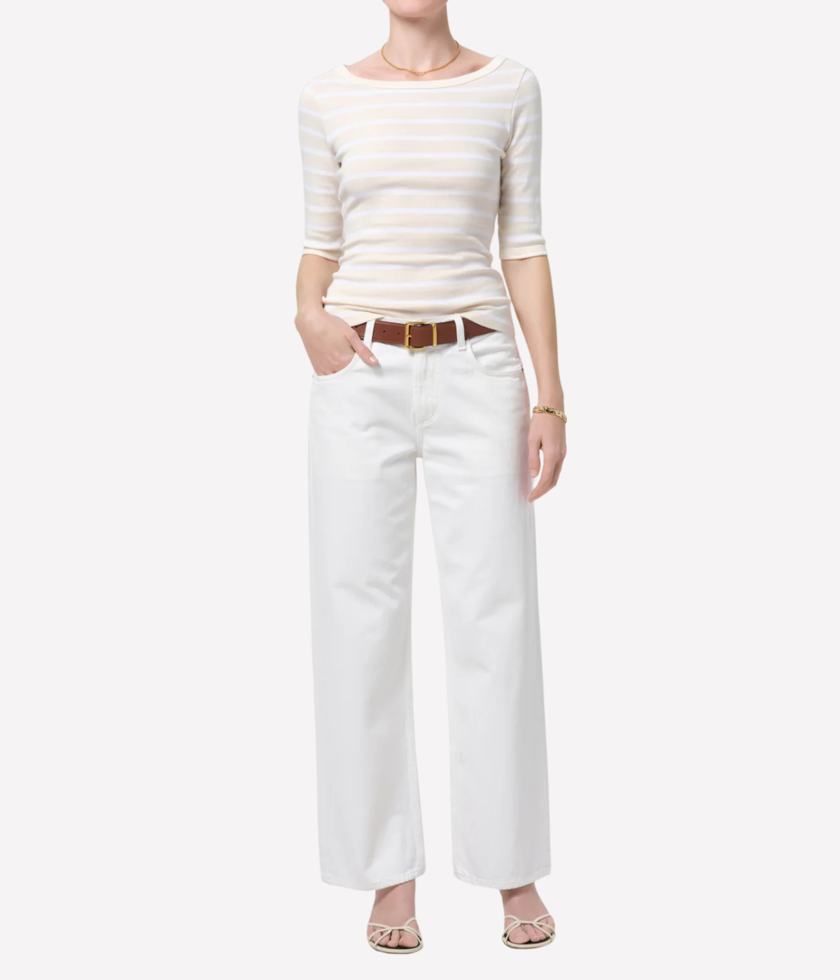 Citizens of Humanity 3/4 Sleeve Boat Neck Slim Tee in Brulee Stripe - Front View on Model