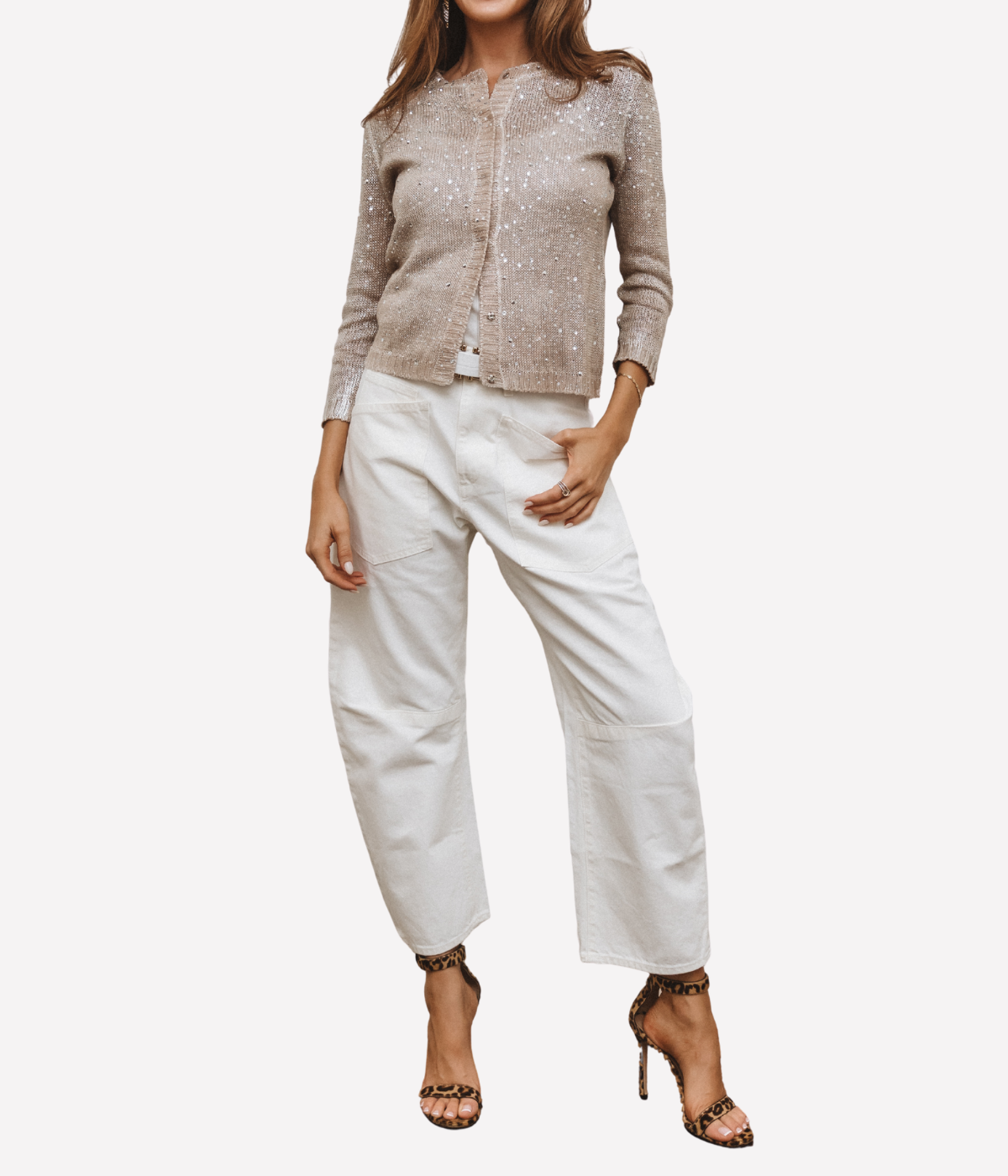 Women Studded Cardigan in Taupe